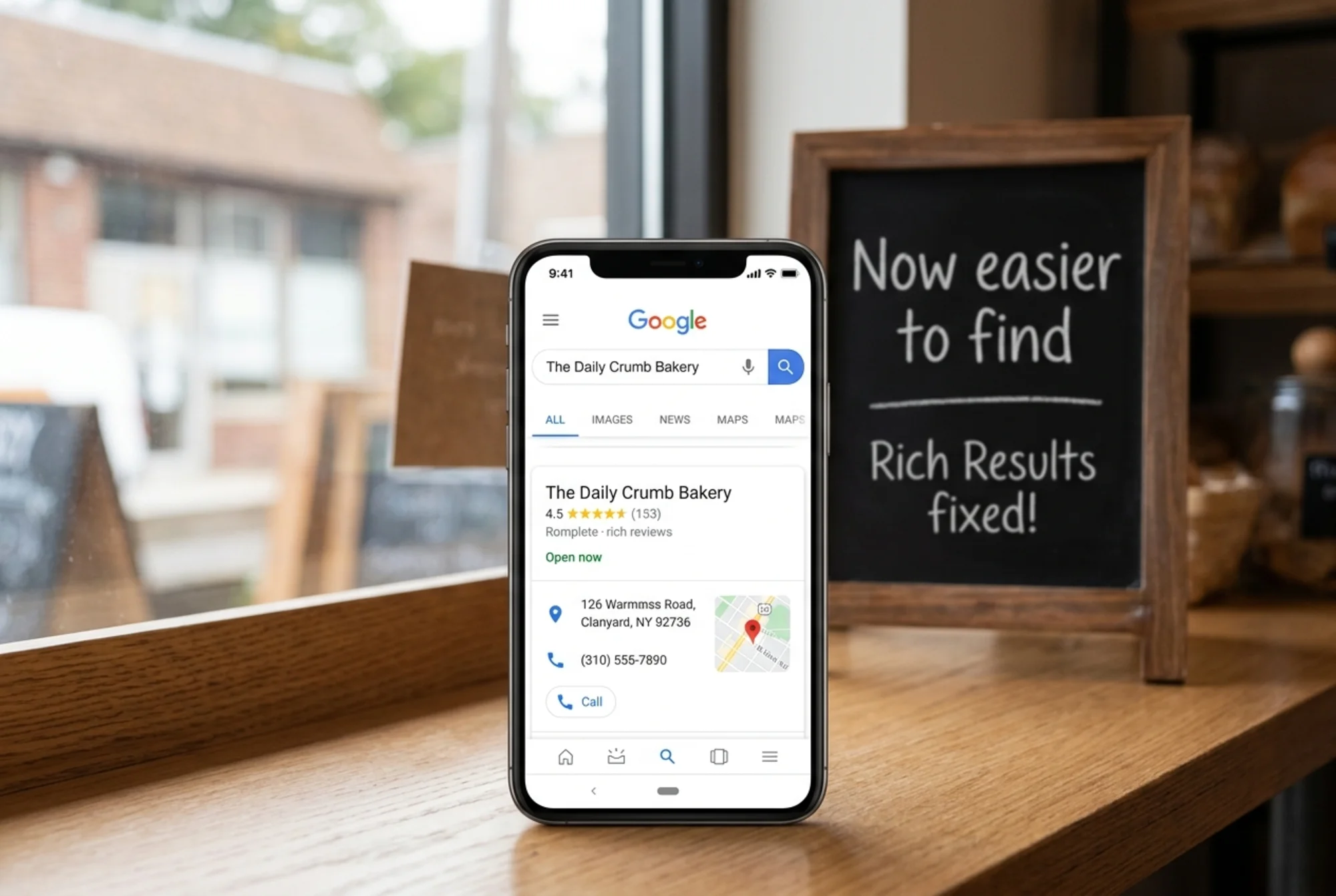 Same local bakery's Google search result now displaying a complete rich result with five-star rating, "Open now" indicator, address, phone number, and small map thumbnail, with a chalkboard sign in the background reading "Now easier to find"
