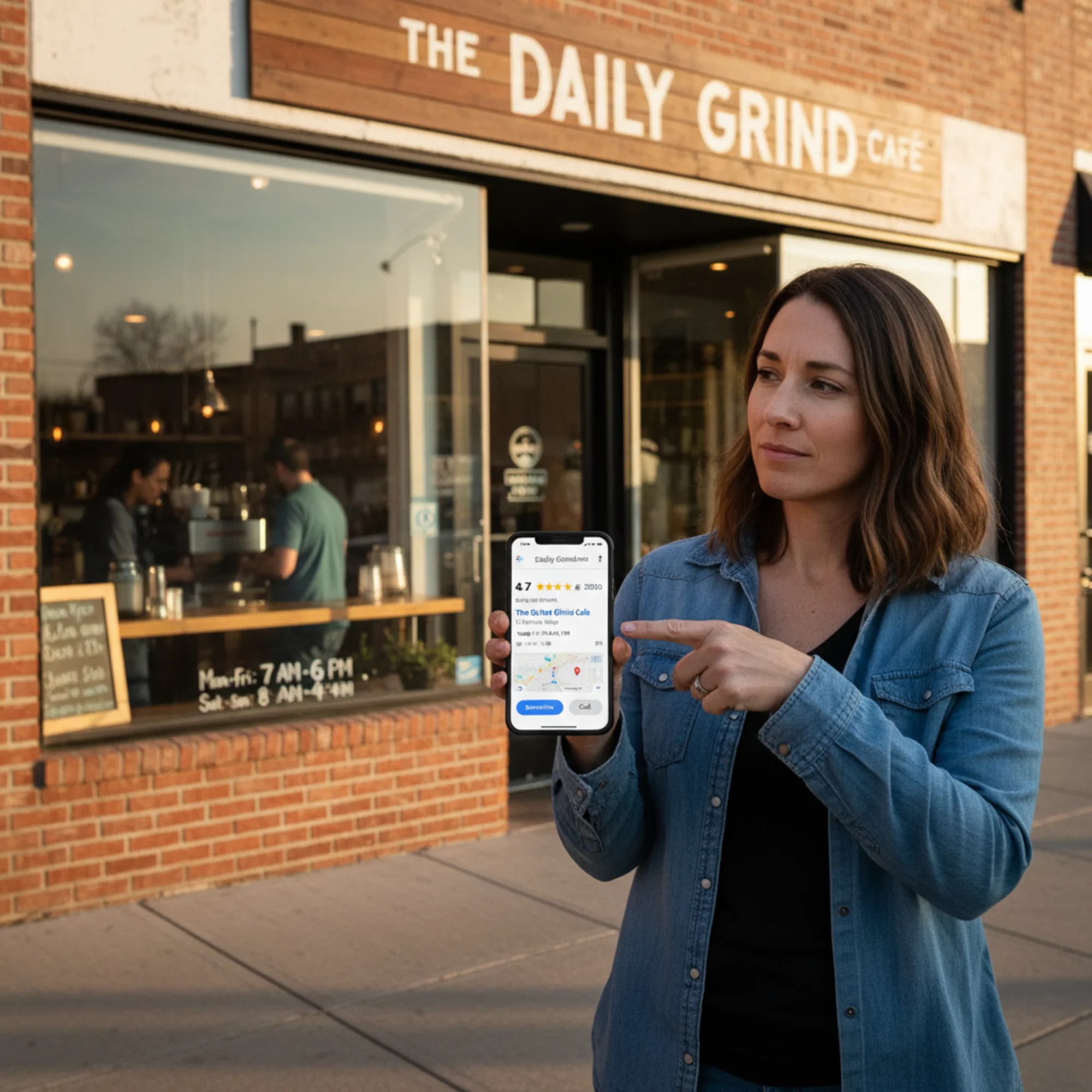 A small business owner viewing their Google Business Profile knowledge panel on a phone, storefront visible behind them, with rich details like hours, star rating, address, and price range populated from structured data