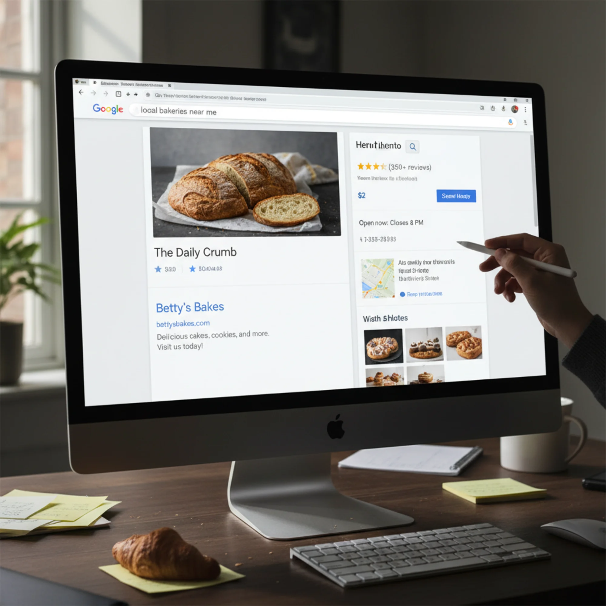 A Google search results page comparing two local bakeries — one with a rich knowledge panel showing hours, reviews, price range, and photos, the other showing only a plain blue link with a basic meta description