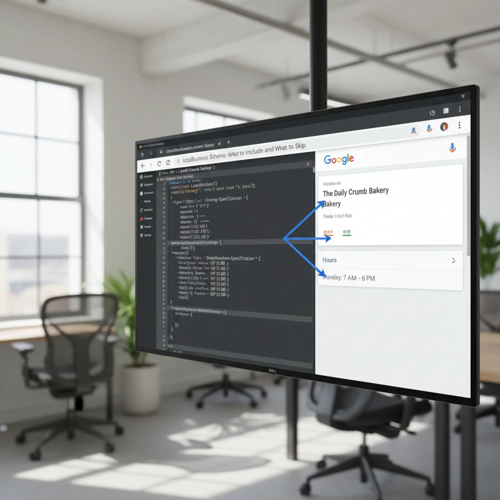 A split-screen showing a JSON-LD code block for a bakery on the left and the matching Google knowledge panel on the right, with arrows connecting schema properties like openingHoursSpecification and priceRange to their visual counterparts