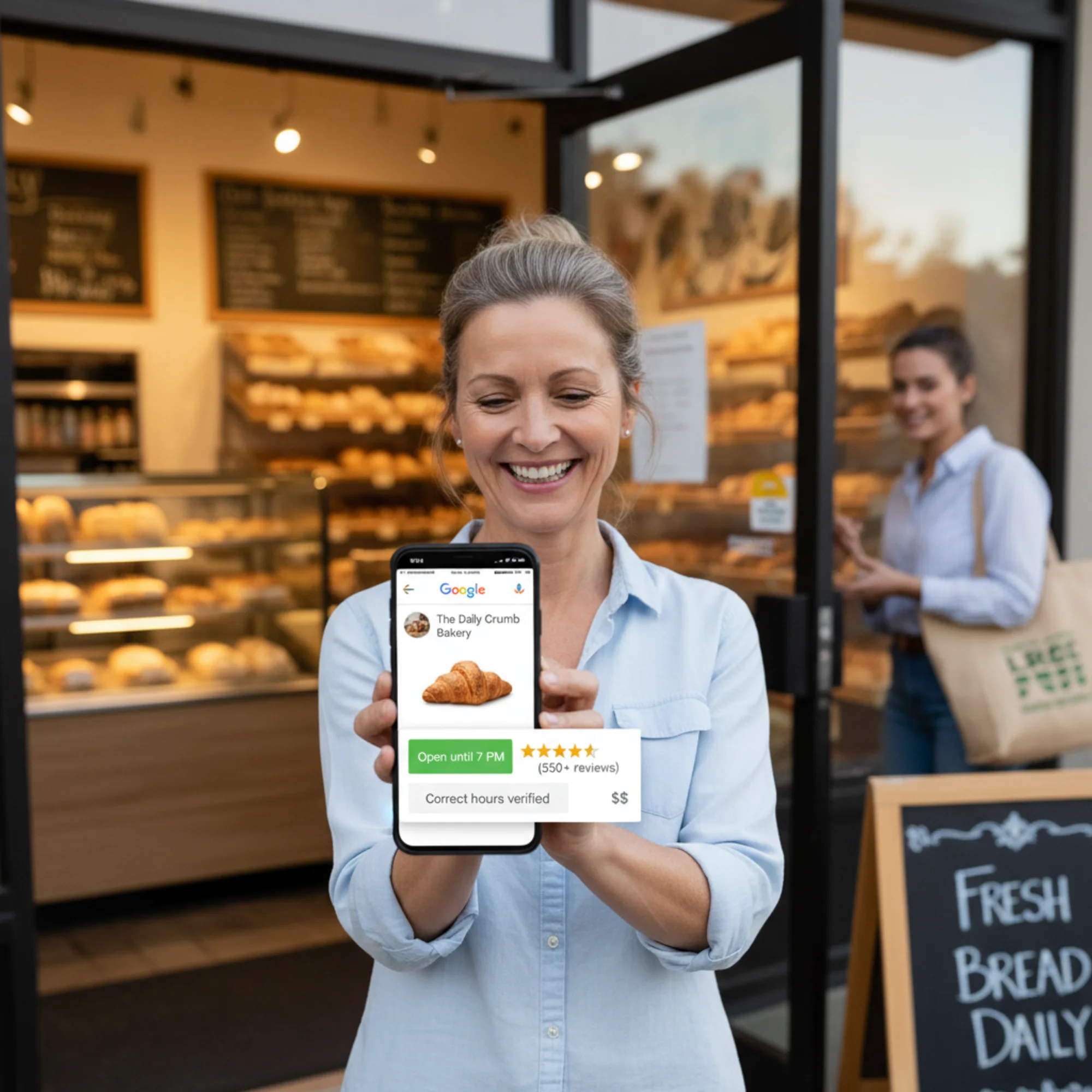 A bakery owner smiling at their phone showing a Google rich result with correct hours, star rating, and price range, while a customer enters the shop door behind them