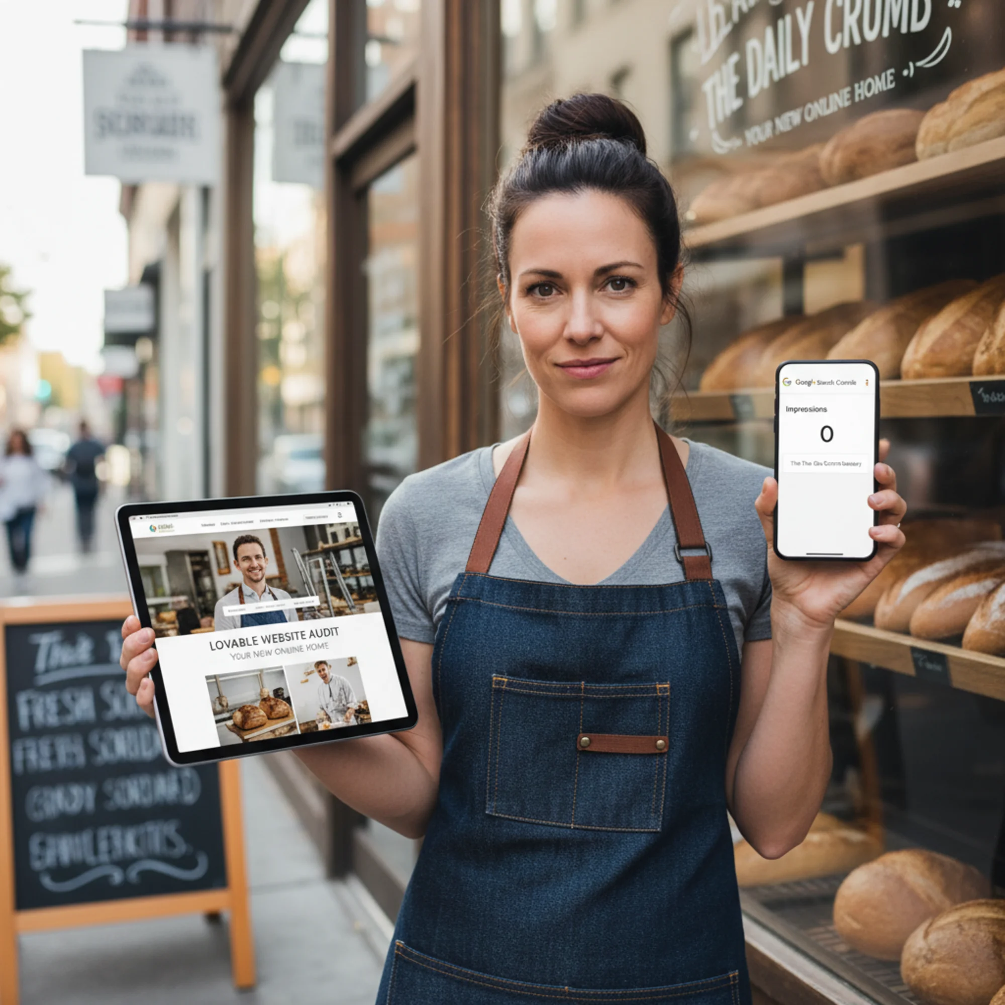 A small business owner holding a tablet displaying their polished Lovable-built website in front of their local storefront, looking puzzled at their phone showing zero Google search impressions for their business name