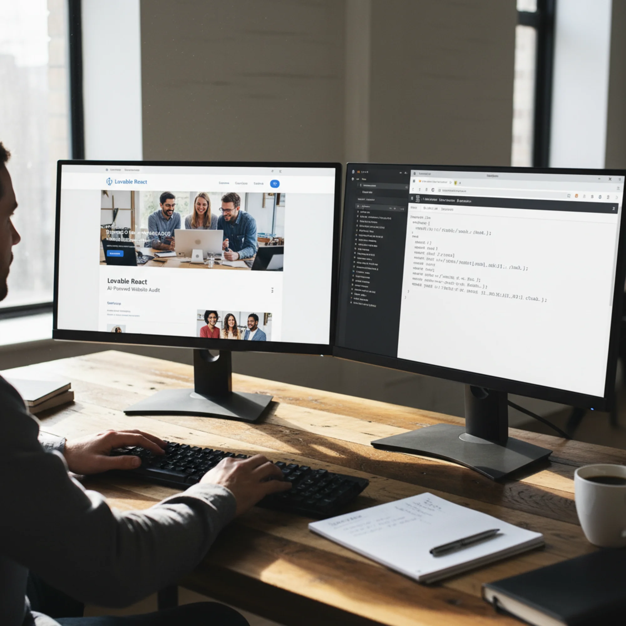 A split-screen showing a Lovable React website that looks visually modern on the left, next to a view-source window on the right revealing an almost empty HTML body with just a div id root tag and large JavaScript bundles