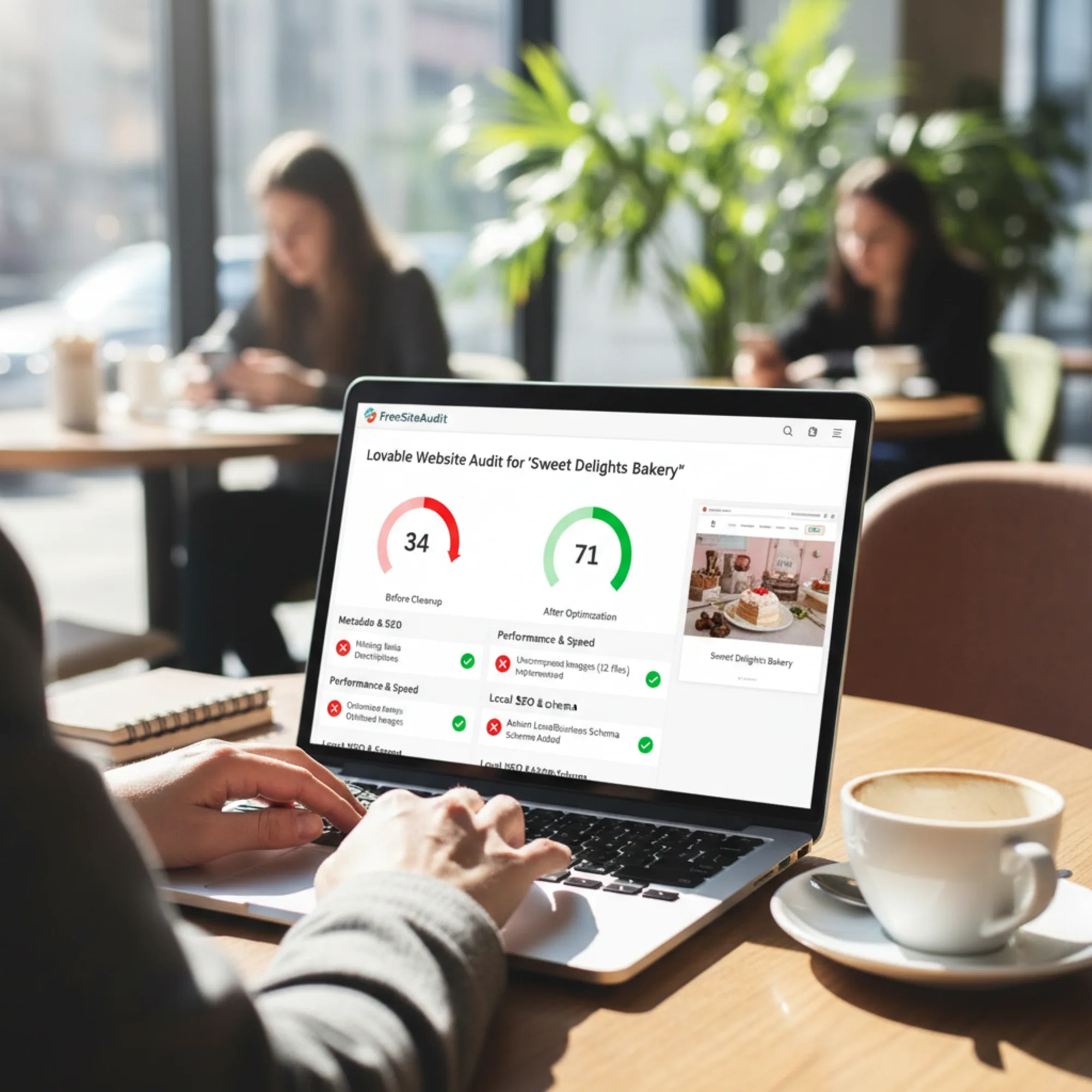 A FreeSiteAudit report on a laptop analyzing a Lovable-built bakery website, showing a 34-to-71 score improvement with specific callouts for missing meta descriptions, uncompressed images, and absent LocalBusiness schema