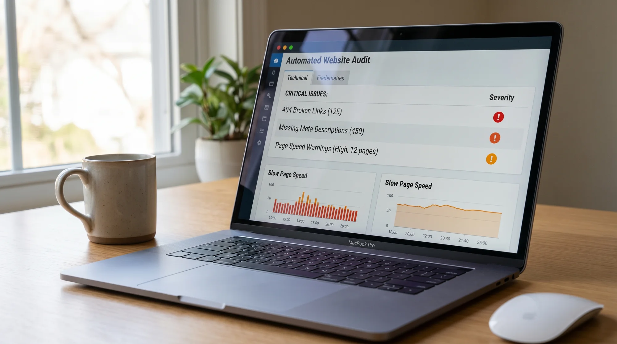 A laptop screen showing an automated website audit dashboard with a list of technical issues sorted by severity, including broken links, missing meta descriptions, and speed warnings