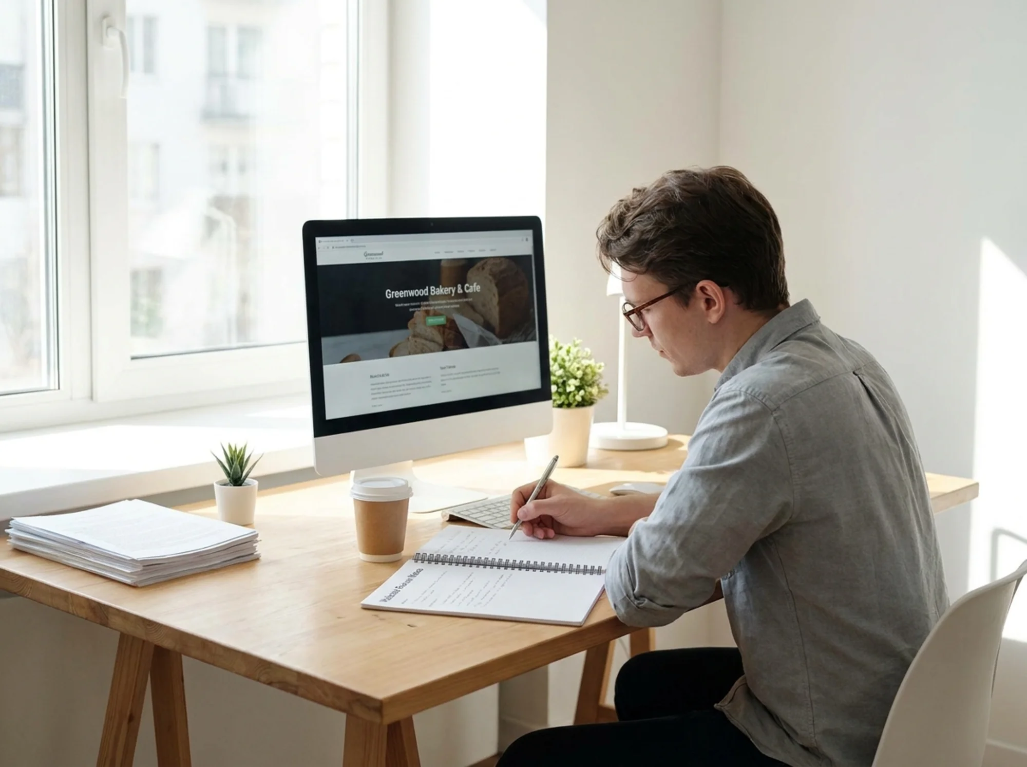 A person sitting at a desk with a notebook, reviewing a local business website on their monitor and writing down observations about the homepage layout and messaging