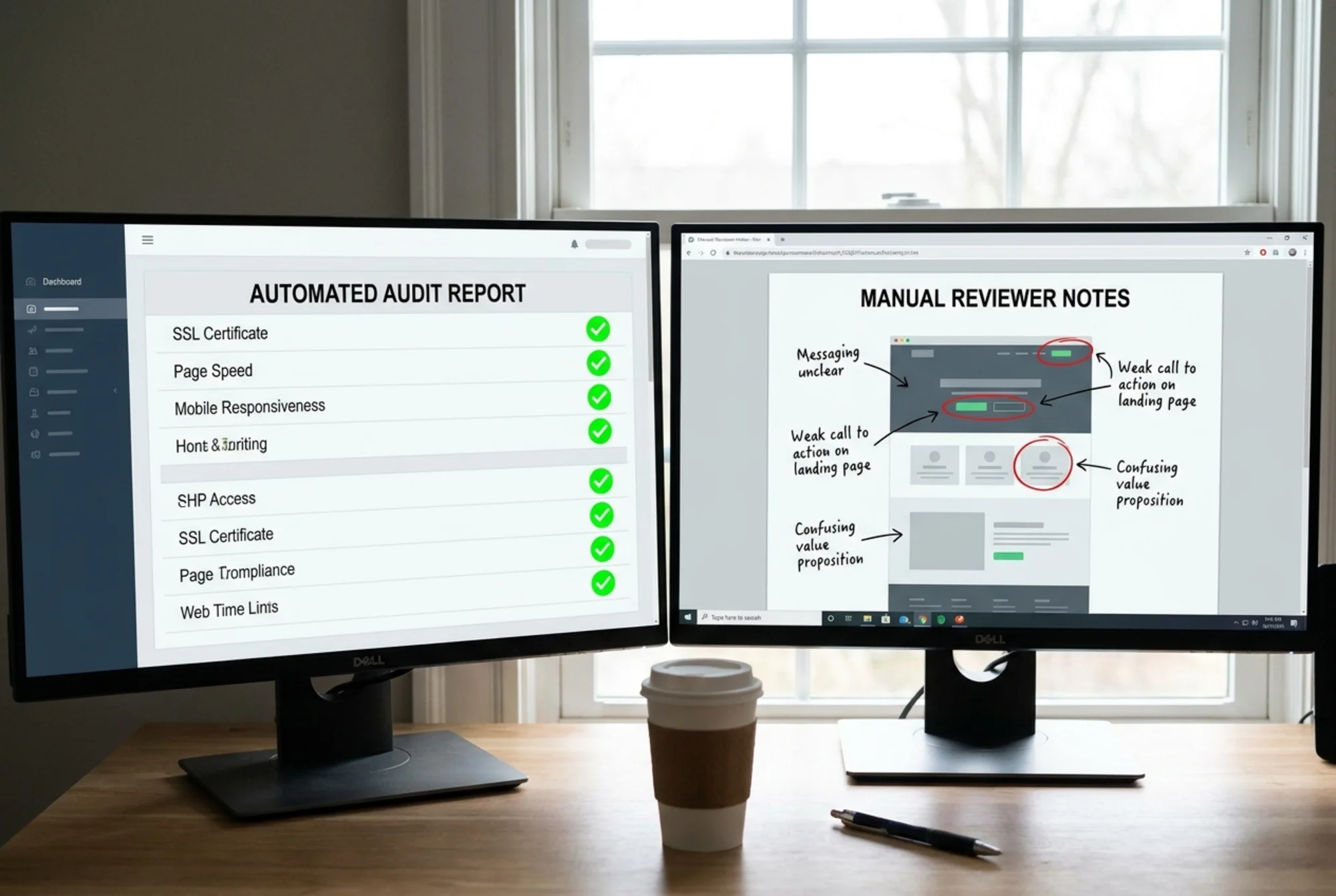 A split-screen comparison showing an automated audit report with green checkmarks for technical items on the left, and a manual reviewer's notes highlighting unclear messaging and weak calls to action on the right