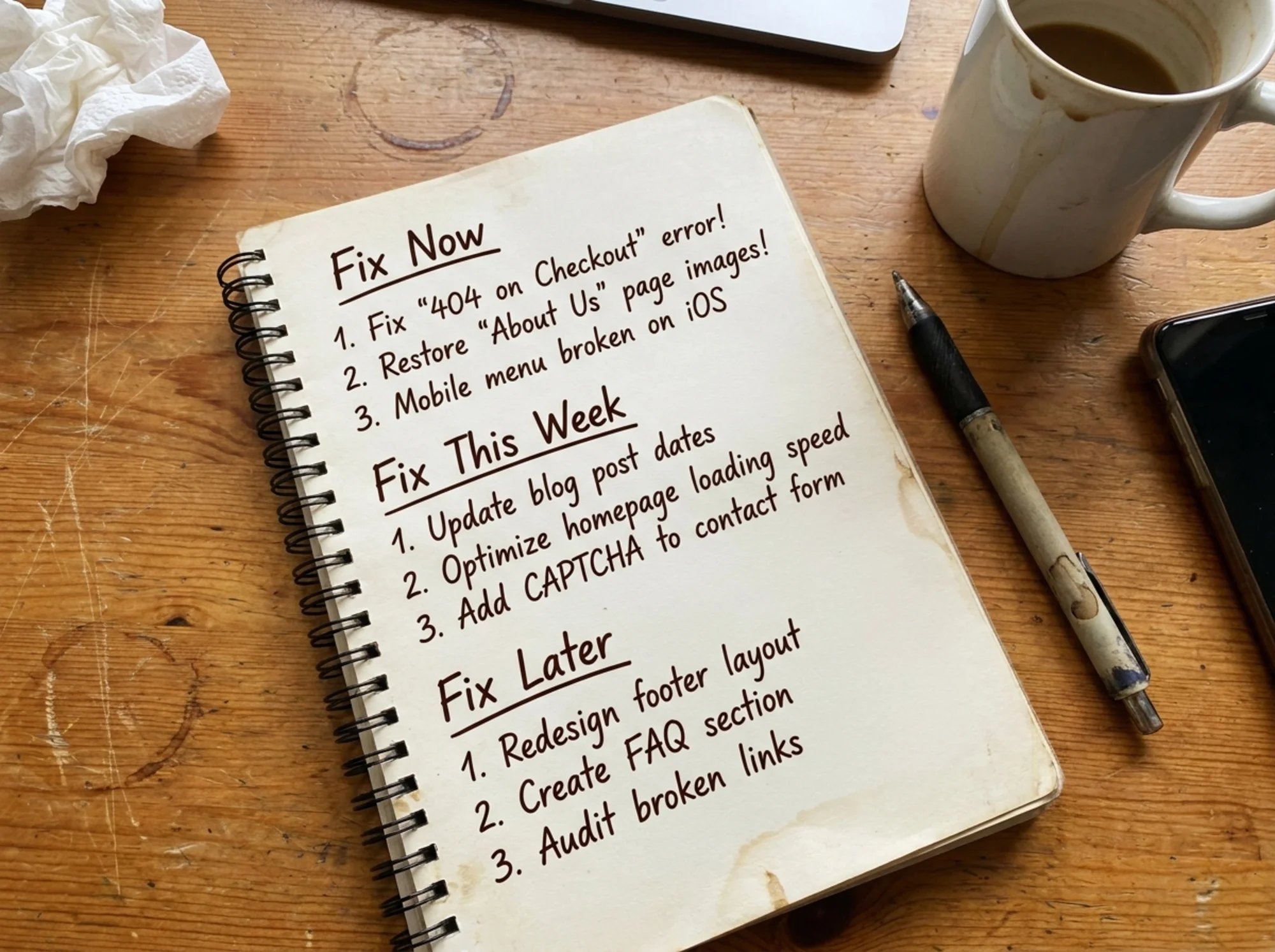 A handwritten prioritized checklist on a notepad with three sections labeled fix now, fix this week, and fix later, with specific website issues listed under each