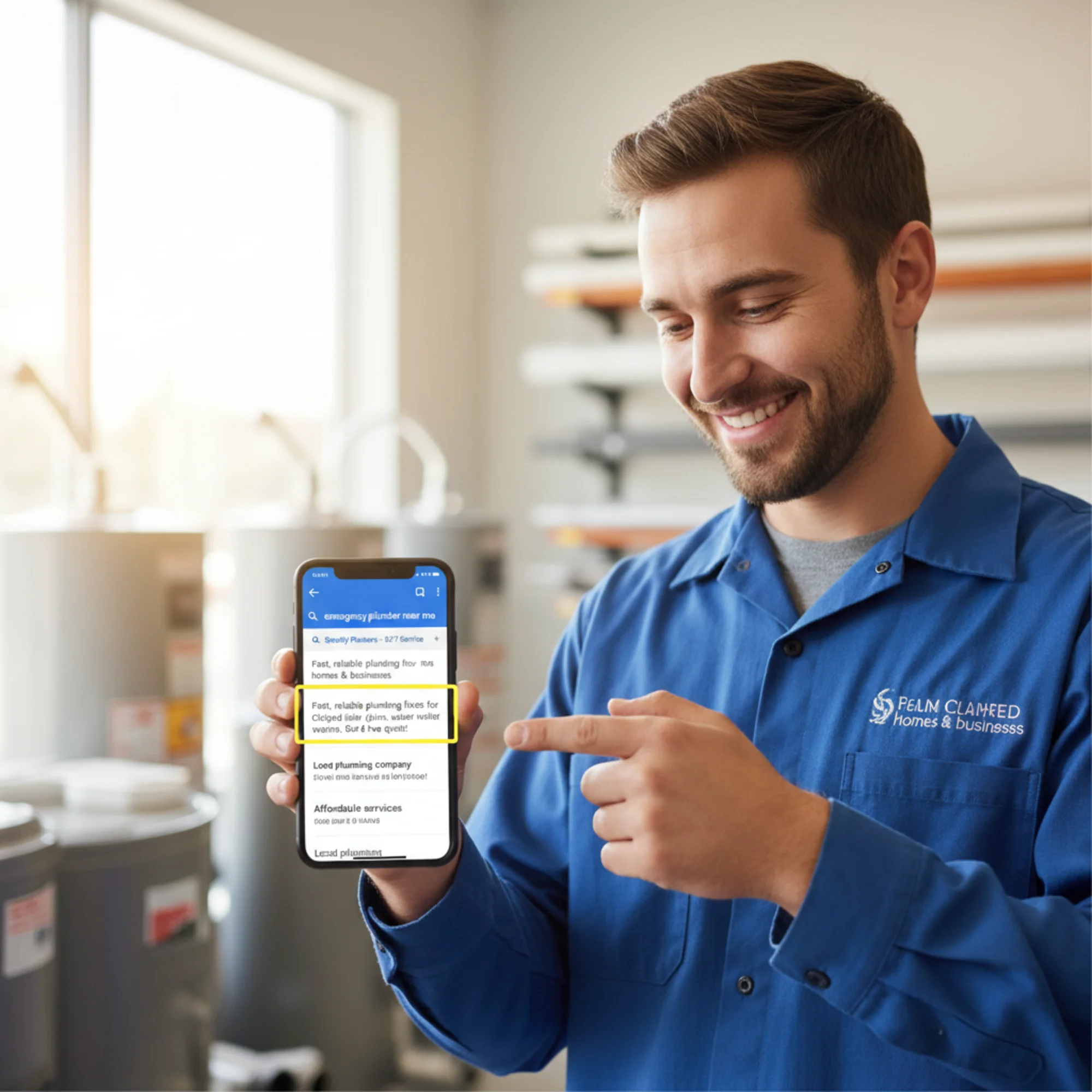 A plumber's Google search result listing standing out among competitors, with a compelling meta description highlighted in yellow, the business owner smiling while checking their phone nearby