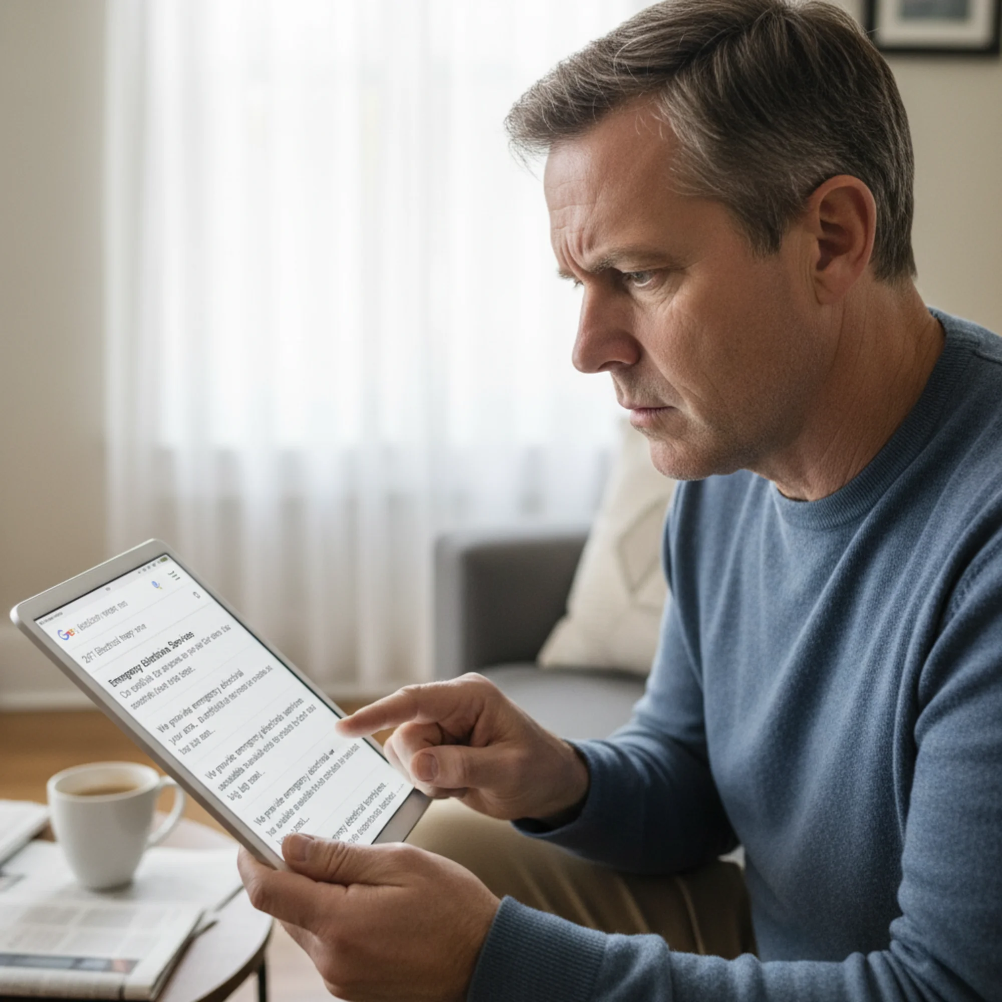 A Google search results page for "emergency electrician near me" where three bland, truncated meta descriptions all look identical and unhelpful, with a confused homeowner squinting at the screen