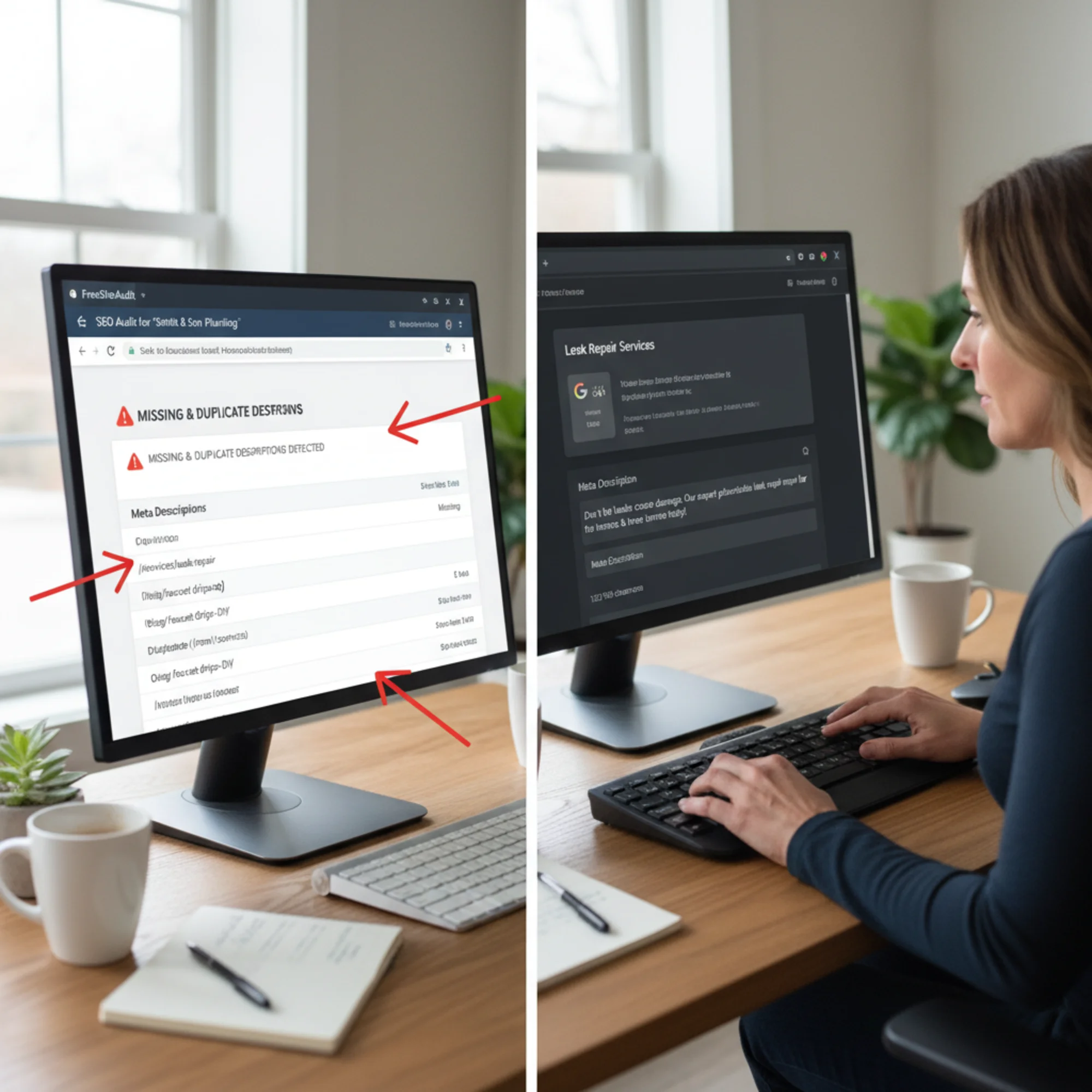 A split-screen showing a FreeSiteAudit report flagging missing and duplicate meta descriptions on the left, and on the right a business owner rewriting a meta description in their CMS editor with a character counter visible