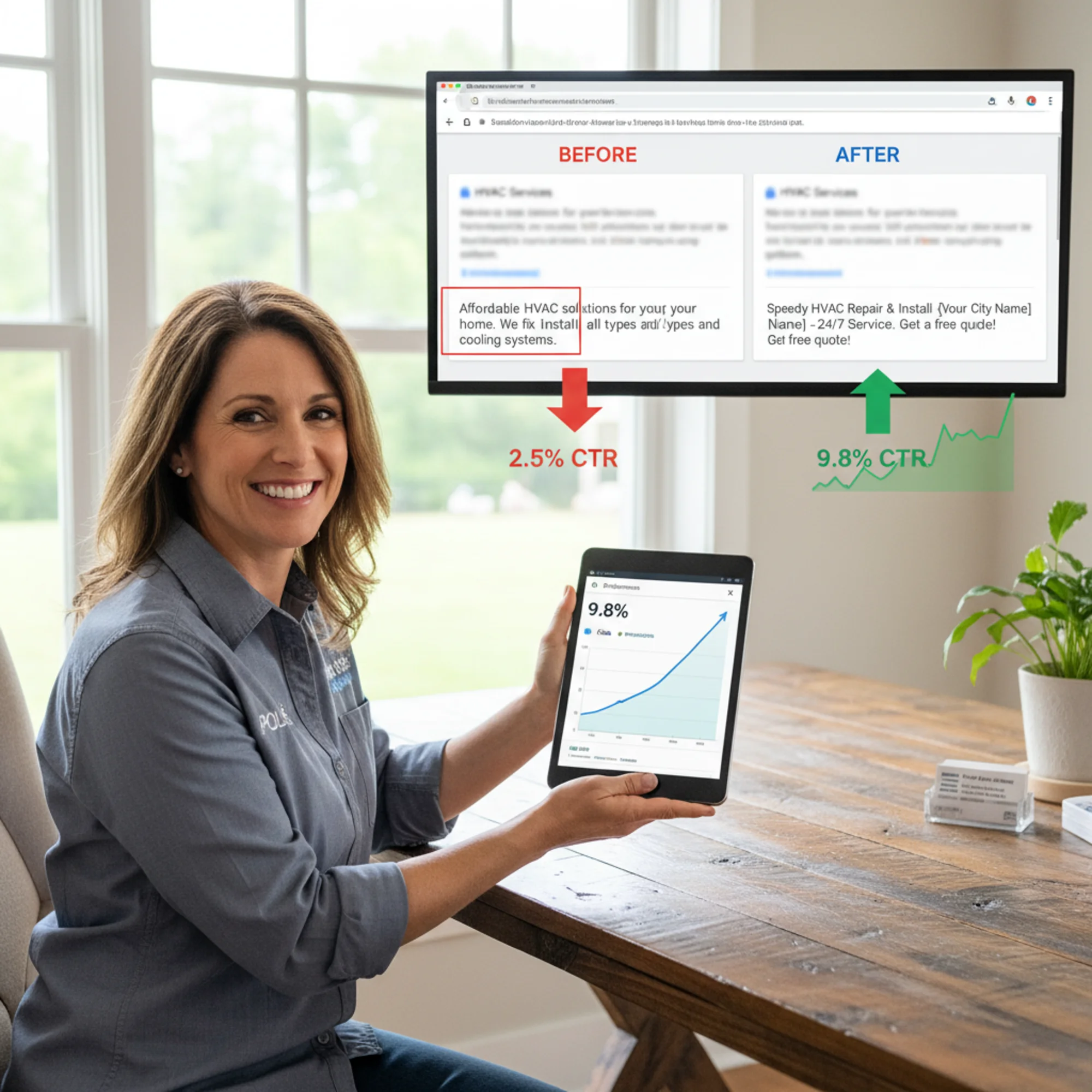 A happy HVAC business owner reviewing their Google Search Console performance report showing improved click-through rates, with a before-and-after comparison of their old generic description versus their new specific one