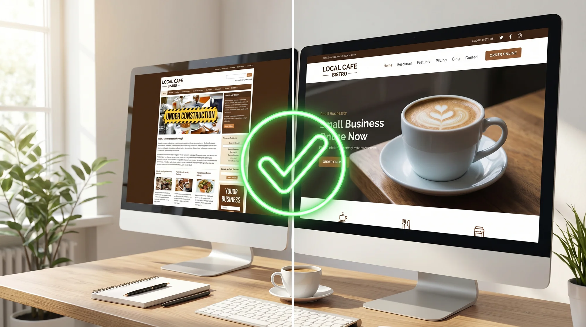 Hero: A split-screen showing two versions of the same small business website side by side — the old cluttered design on the left and the clean redesigned version on the right — with a green checkmark overlay indicating rankings preserved after migration