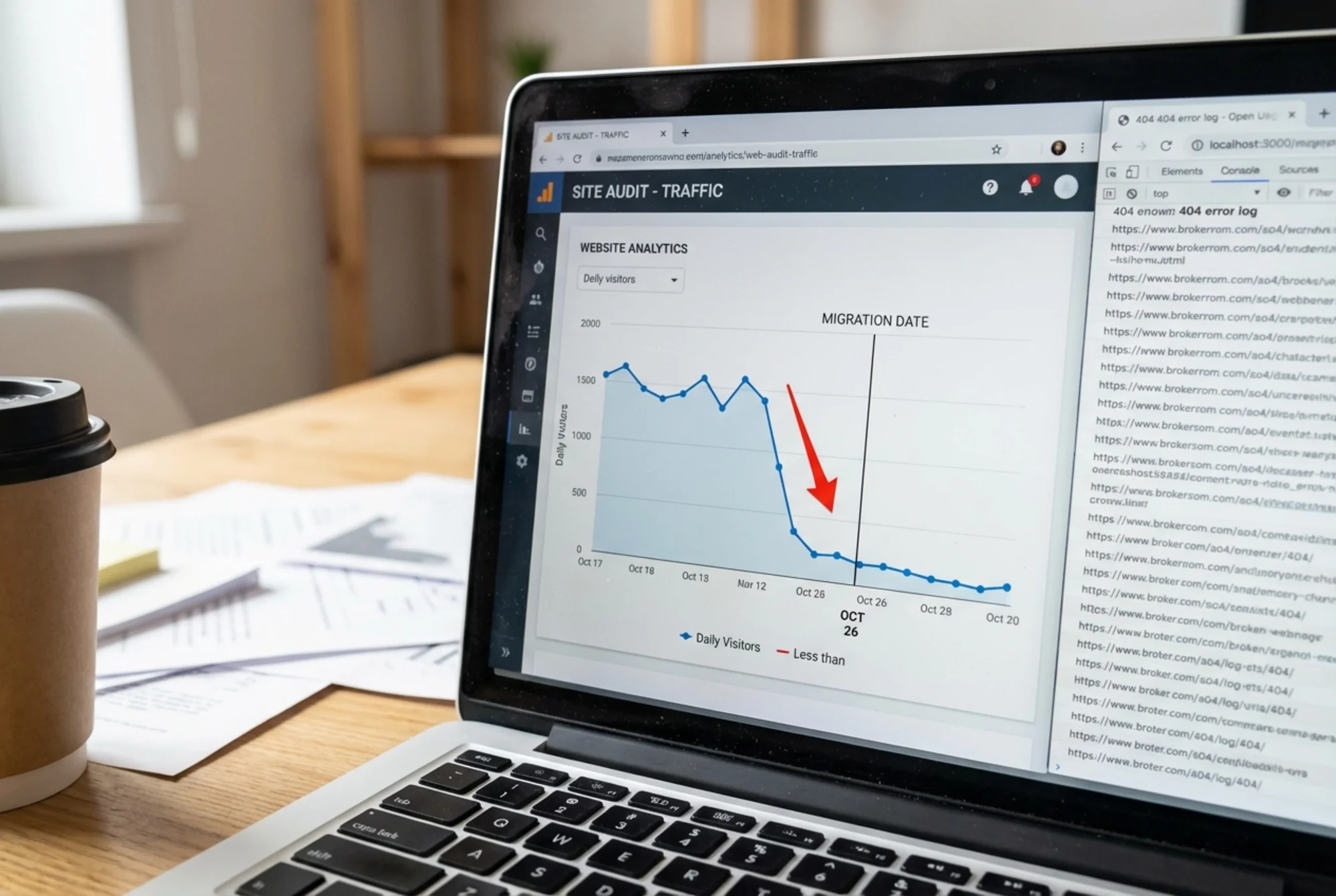 Problem-state: A website analytics dashboard showing a sharp traffic drop immediately after a site relaunch, with a red downward arrow and a timeline that marks the exact migration date, visible in a browser tab alongside an open 404 error log