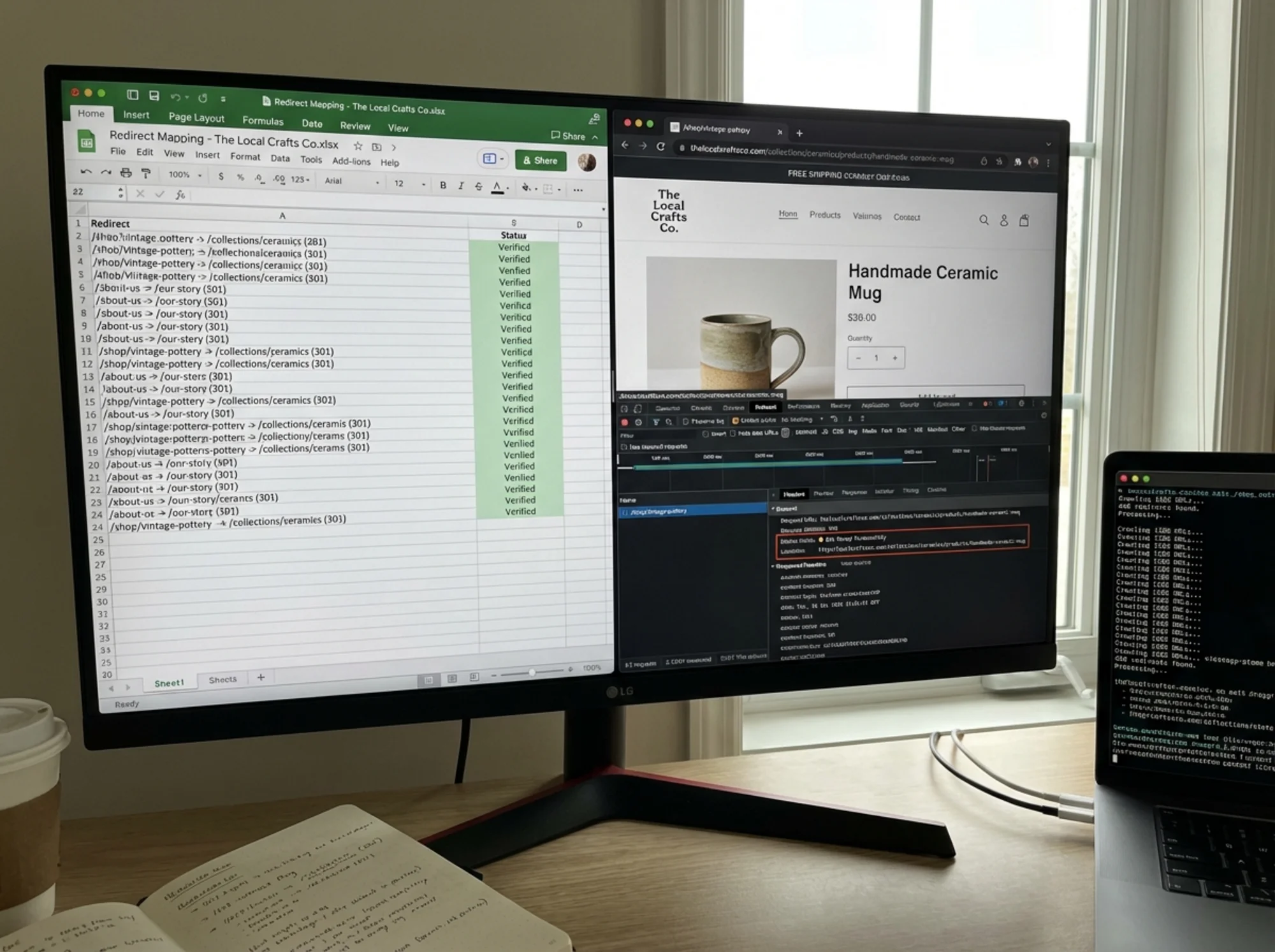 Process-analysis: A step-by-step redirect mapping spreadsheet open on screen next to a browser showing a 301 redirect successfully routing an old product page URL to its new equivalent, with a terminal window running a crawl in the background
