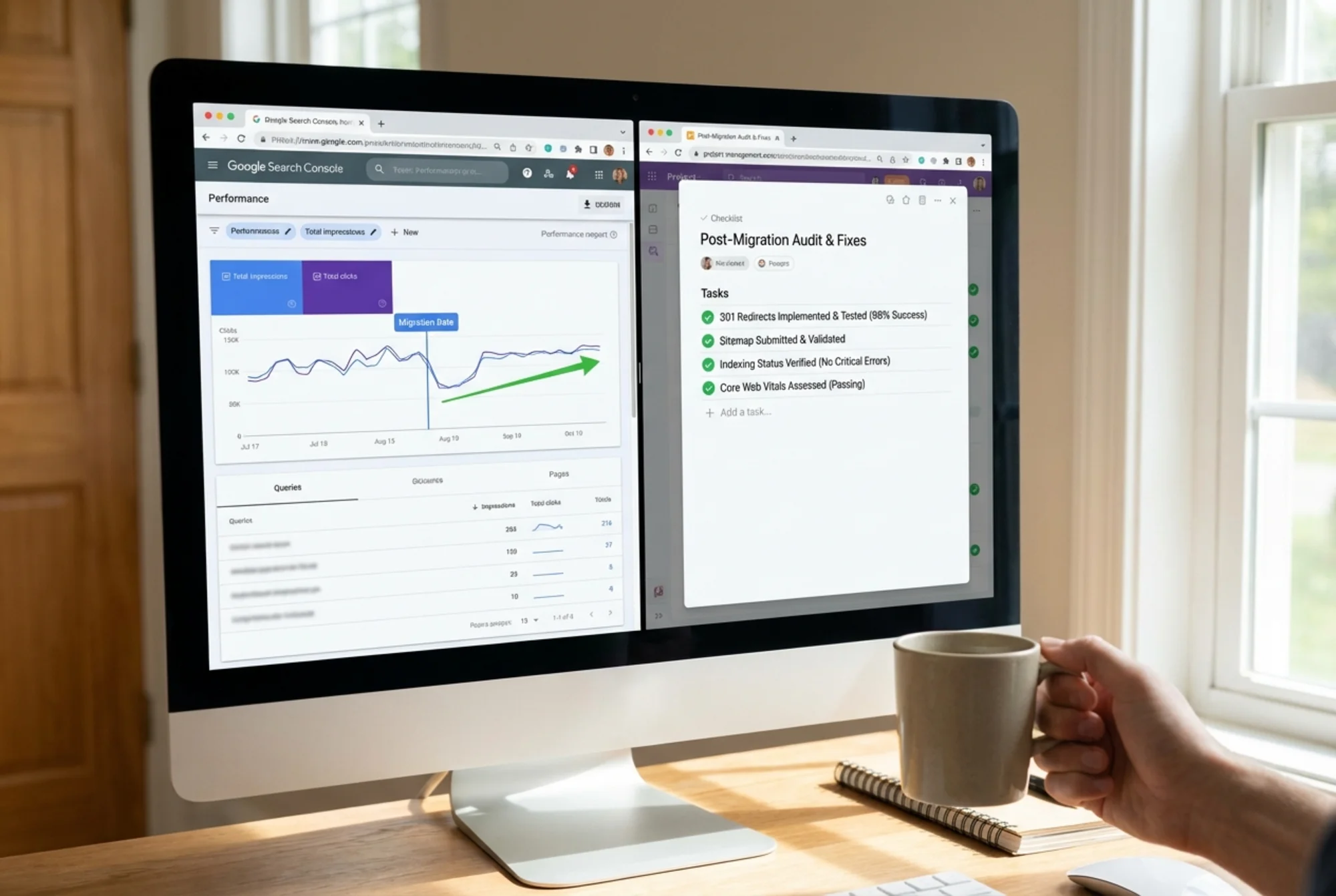 Outcome-transformation: A Google Search Console performance report showing a flat or recovering impressions graph in the weeks following a migration date marker, with a completed redirect and indexing checklist visible alongside — green checkboxes for redirects, sitemap submission, and Core Web Vitals — all displayed in a split browser window