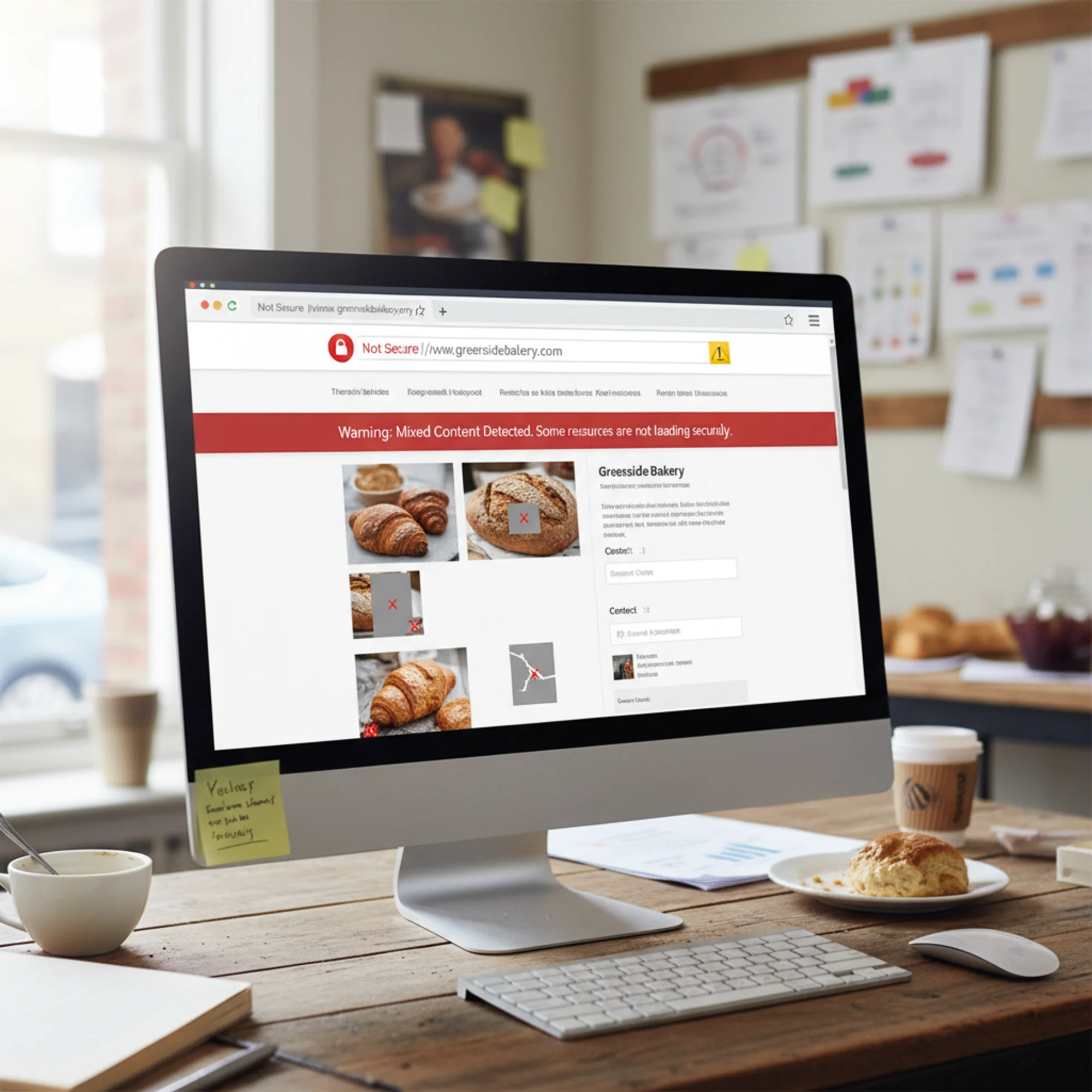 A browser address bar showing a "Not Secure" warning triangle next to a small business website URL, with a padlock icon crossed out in red, set against a clean white browser chrome