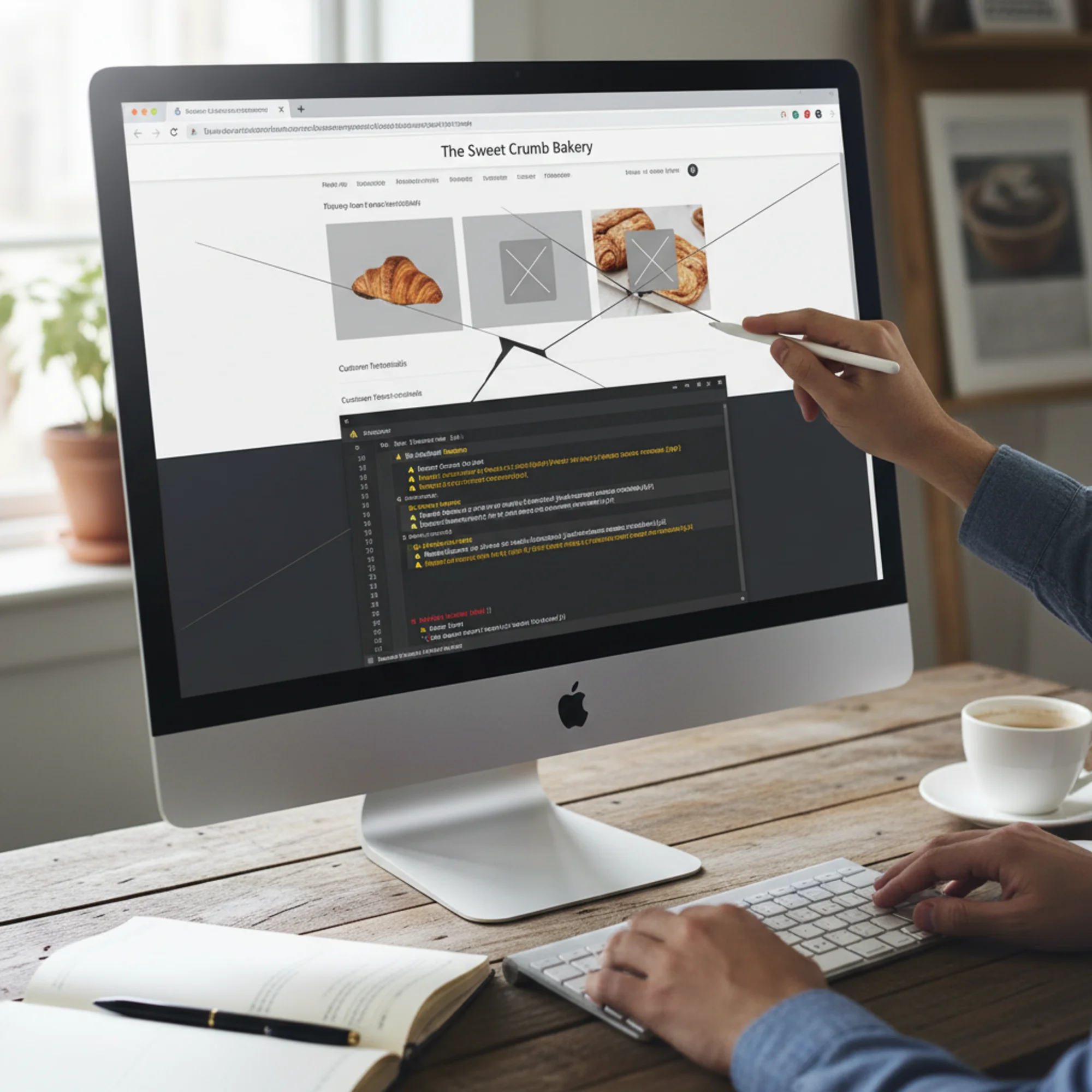 A small business bakery website displayed in Chrome with the DevTools console open at the bottom, showing multiple yellow mixed content warning messages highlighting blocked images and scripts
