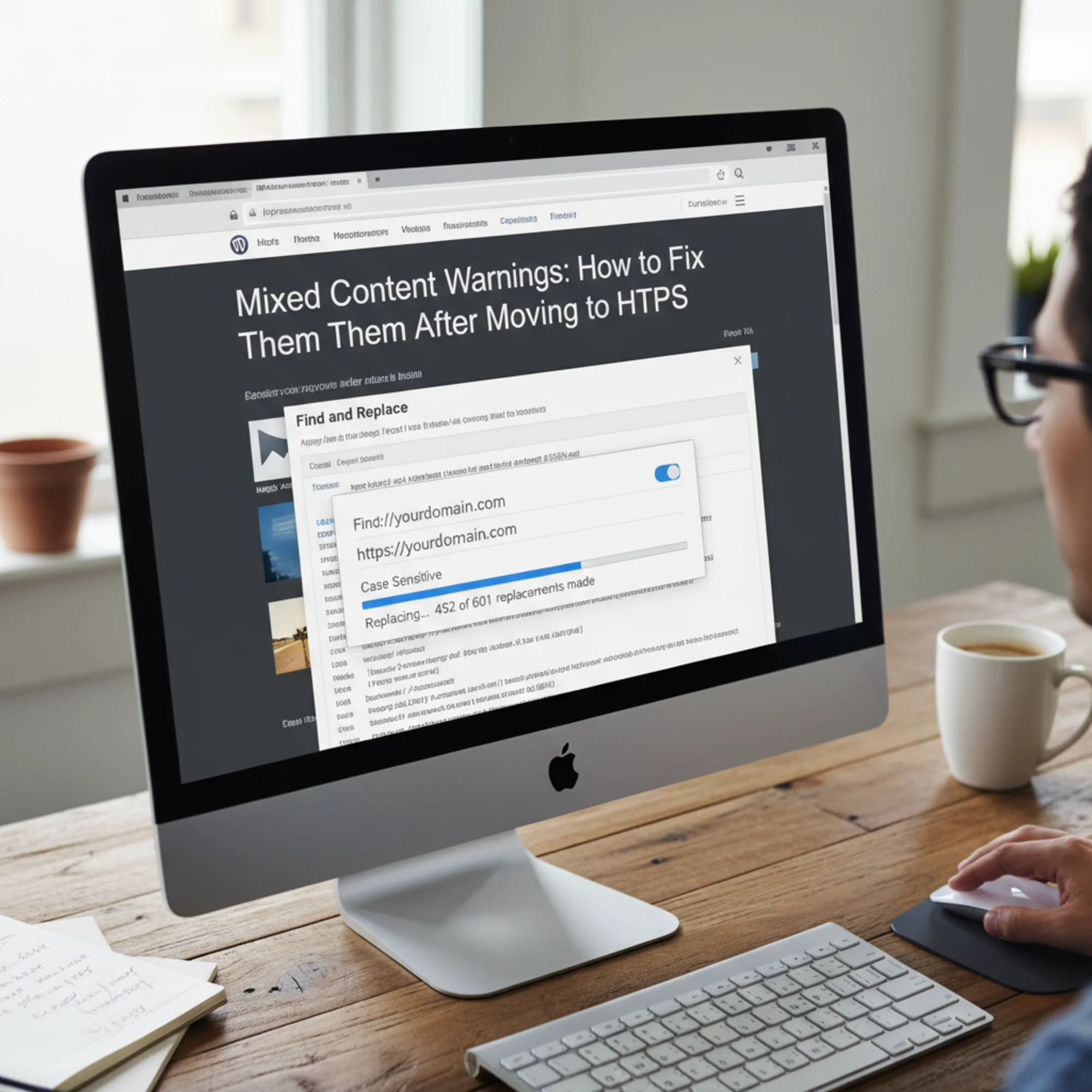 A WordPress editor screen showing a Find and Replace dialog changing http:// URLs to https:// across page content, with a progress bar and count of replacements made