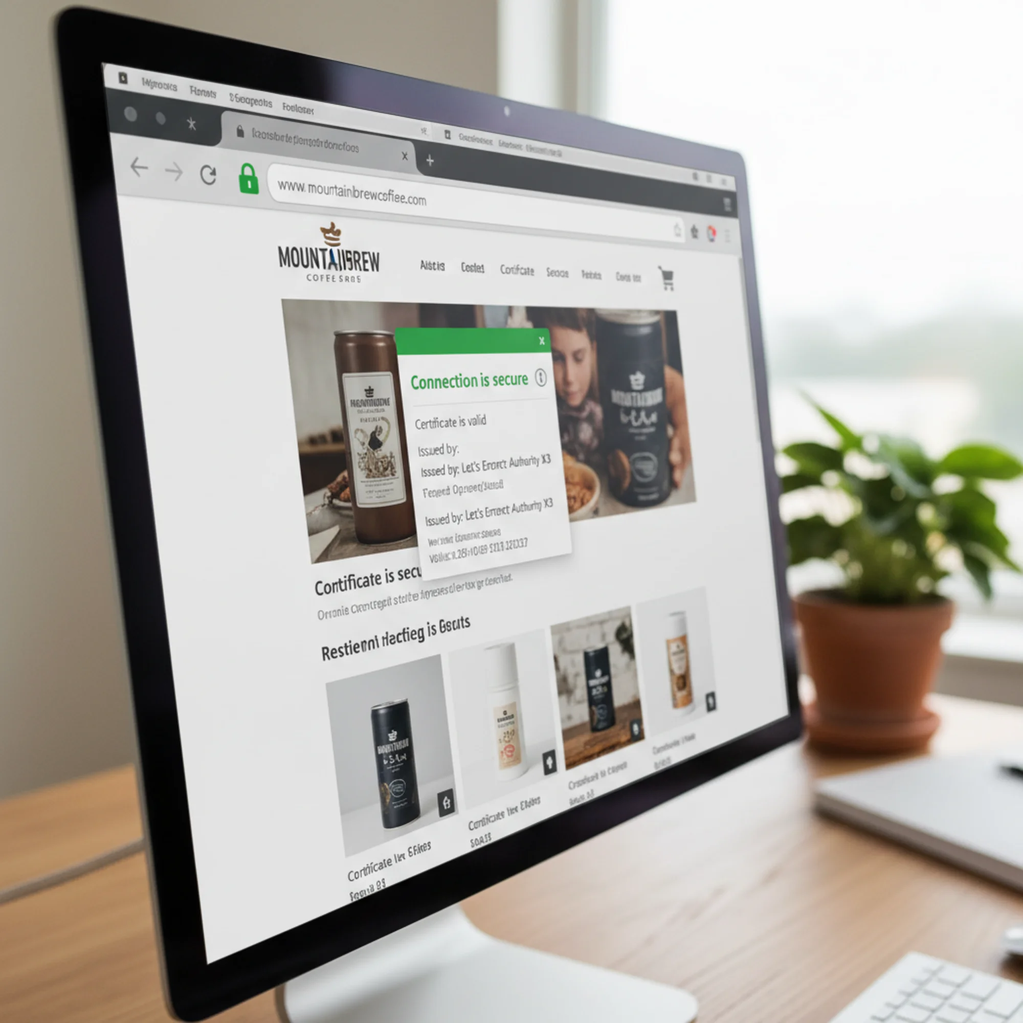 A browser address bar displaying a solid green padlock next to a small business website URL, with a security certificate popup showing "Connection is secure" and valid certificate details