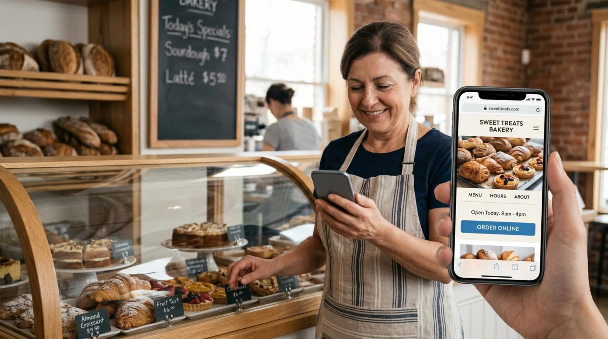 A small bakery owner holding a smartphone displaying her own bakery's homepage with menu, hours, and a "Order Online" button visible, standing in front of a glass pastry case in her shop, natural daylight, hand-held mobile perspective, realistic photo style