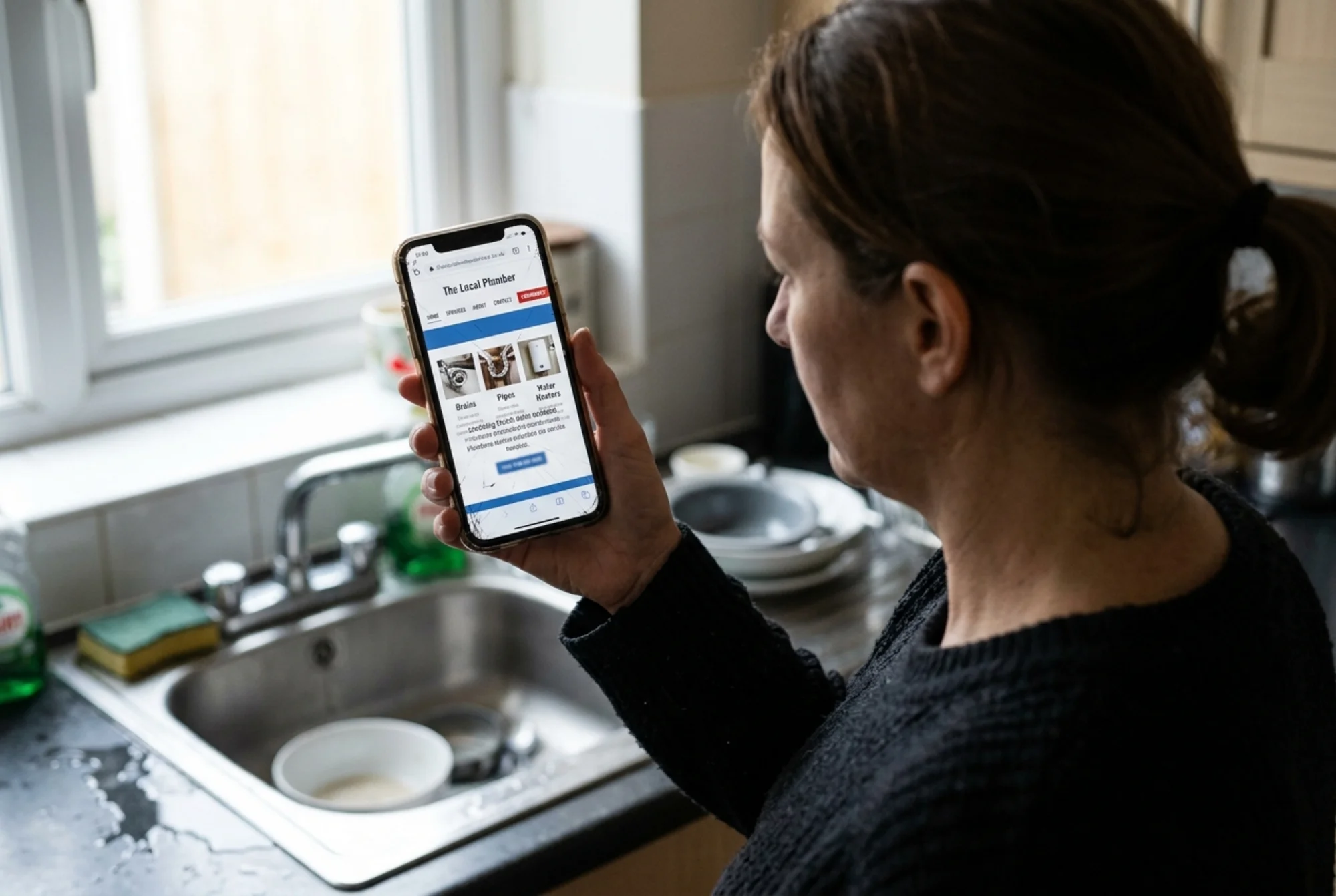 A cracked mobile view of a local plumber's WordPress homepage with overlapping service cards, a tiny unreadable phone number, hidden service-area text, and a desktop navigation menu squeezed onto a phone screen, shot over the shoulder of a frustrated homeowner in a kitchen with a leaking sink
