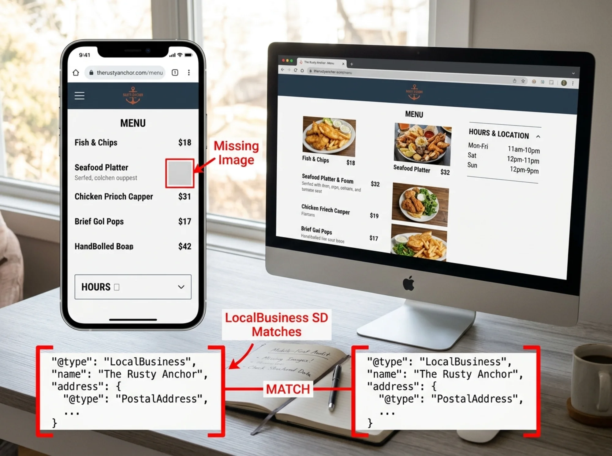 A side-by-side phone-and-desktop comparison of the same restaurant menu page with red annotation arrows pointing to missing mobile images, a collapsed hours accordion, and matching LocalBusiness structured data tags highlighted in both versions, flat clean editorial illustration