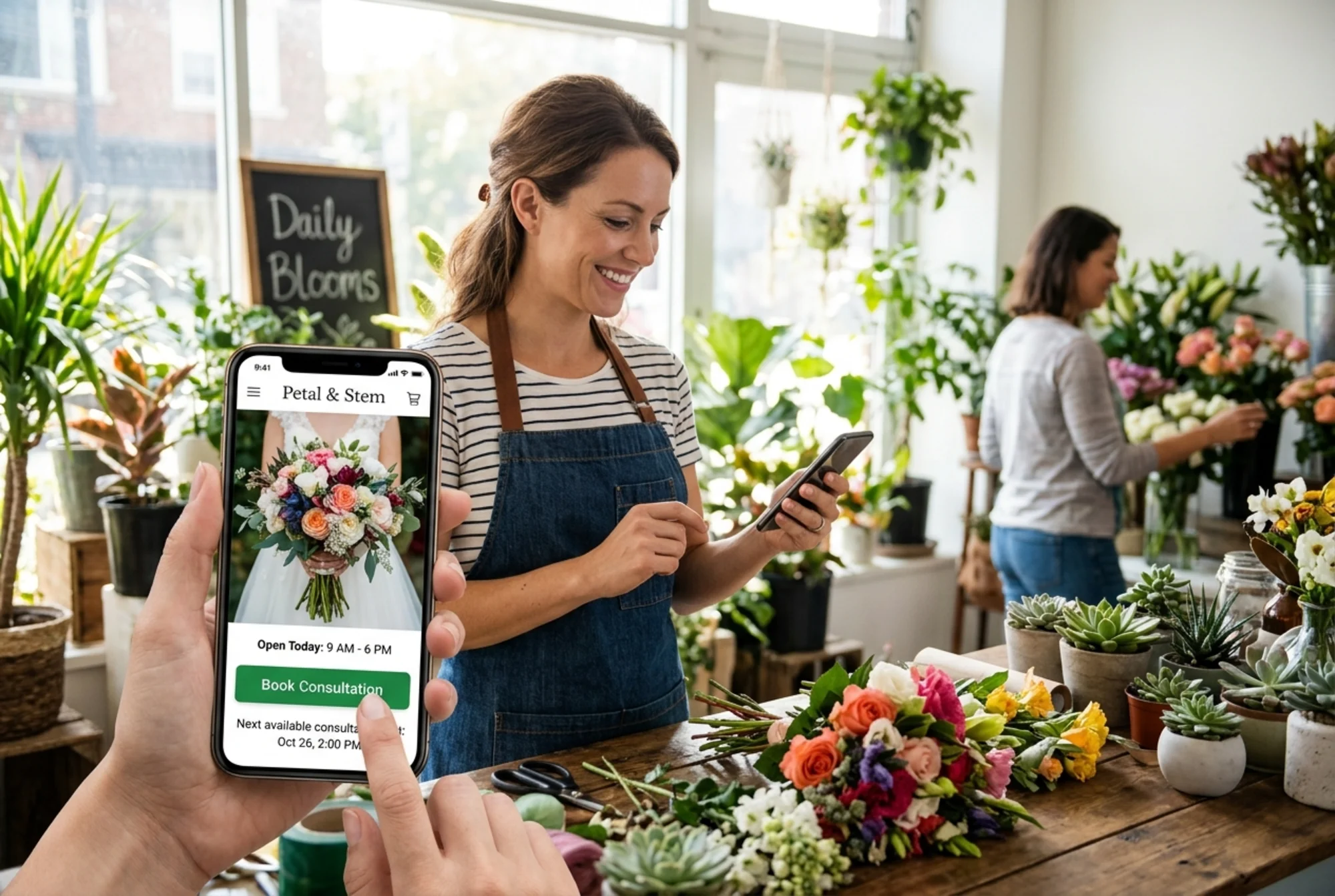 A confident florist owner at her shop counter receiving a booking notification on her phone, with her mobile-optimized website visible showing a fast-loaded hero image, large tap-friendly "Book Consultation" button, and visible store hours, warm shop interior with arranged bouquets, realistic photo style