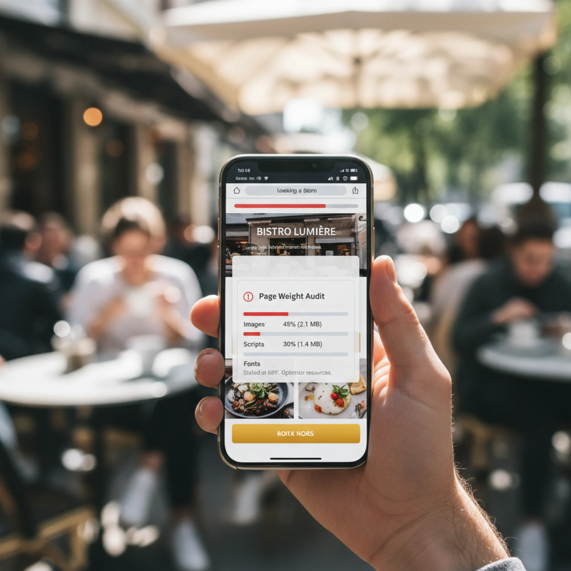 A smartphone screen showing a loading progress bar stuck at 68% over a slow-loading restaurant website, with a visible file-size breakdown overlay showing images, scripts, and fonts competing for bandwidth