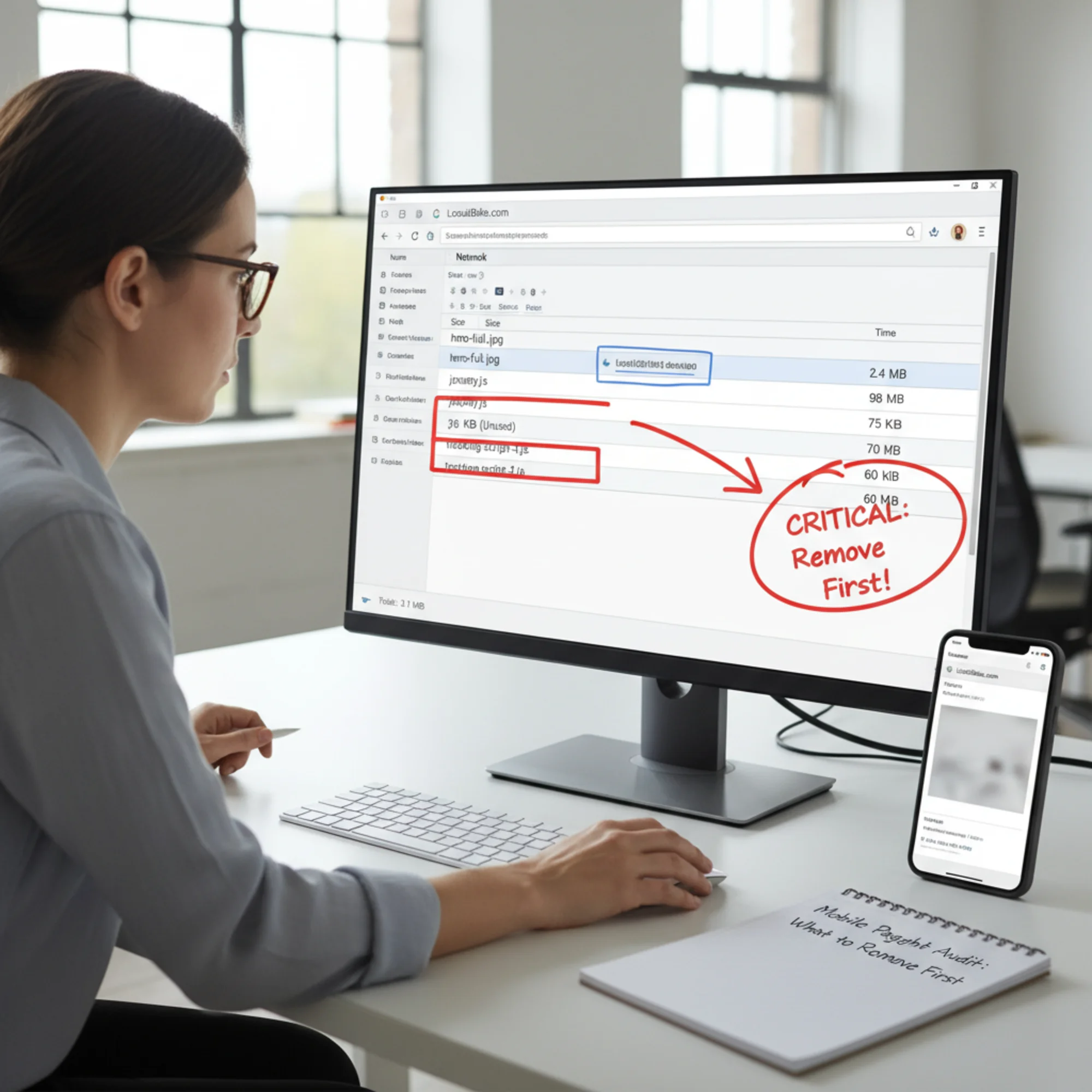 A Chrome DevTools Network tab waterfall chart showing requests for a small business homepage, with the largest offenders — a 2.4 MB hero image, an unused jQuery library, and two third-party tracking scripts — highlighted in red and sorted by size