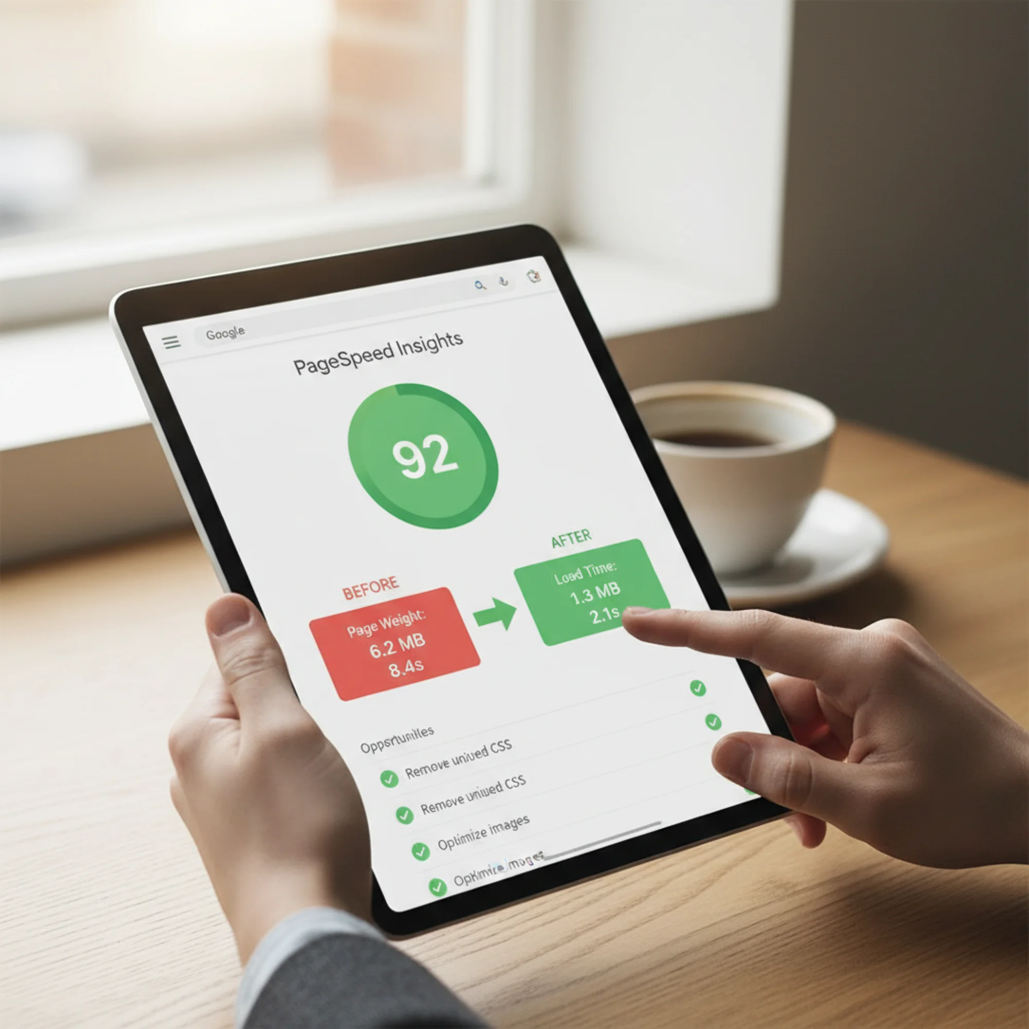 A tablet displaying Google PageSpeed Insights results with a green performance score of 92 after a page weight audit, showing a before/after comparison: 6.2 MB down to 1.3 MB with load time dropping from 8.4s to 2.1s