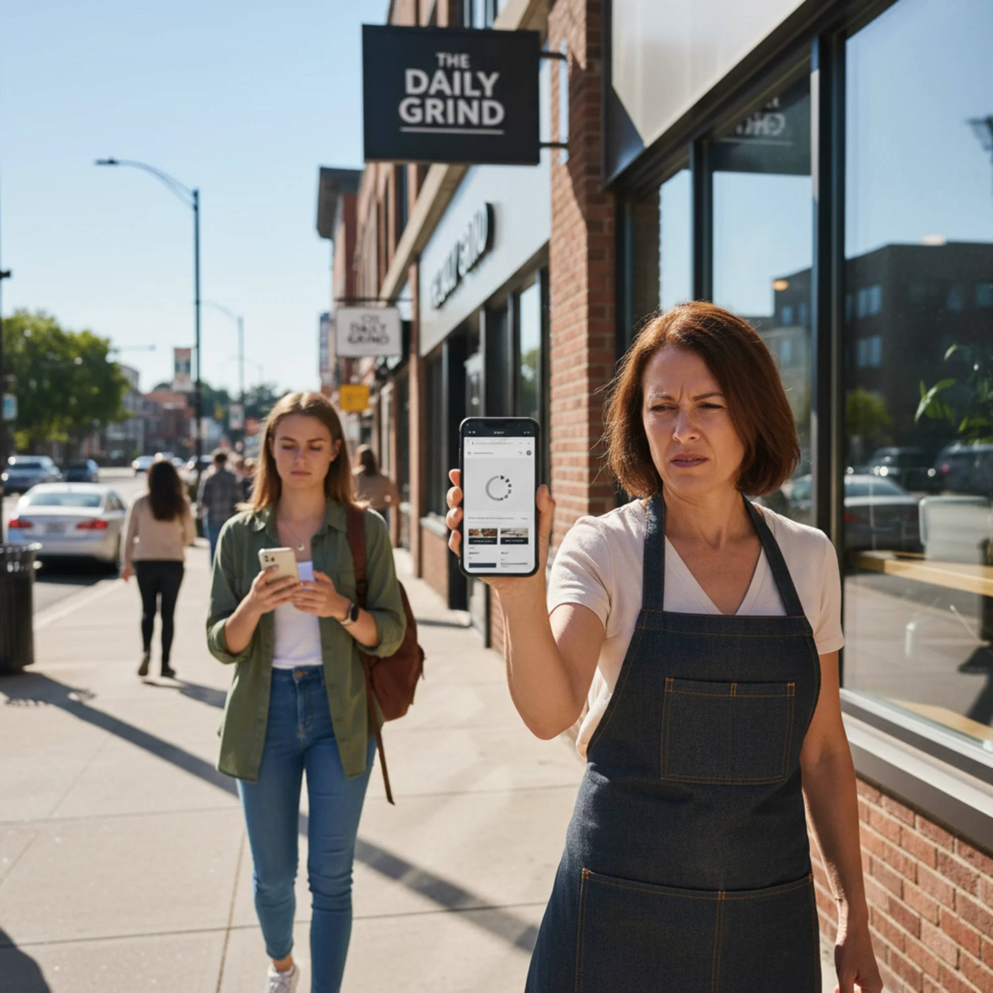 A small business owner standing outside their storefront squinting at their phone screen showing their own website stuck on a loading spinner, while a passerby glances at their phone searching for a nearby service