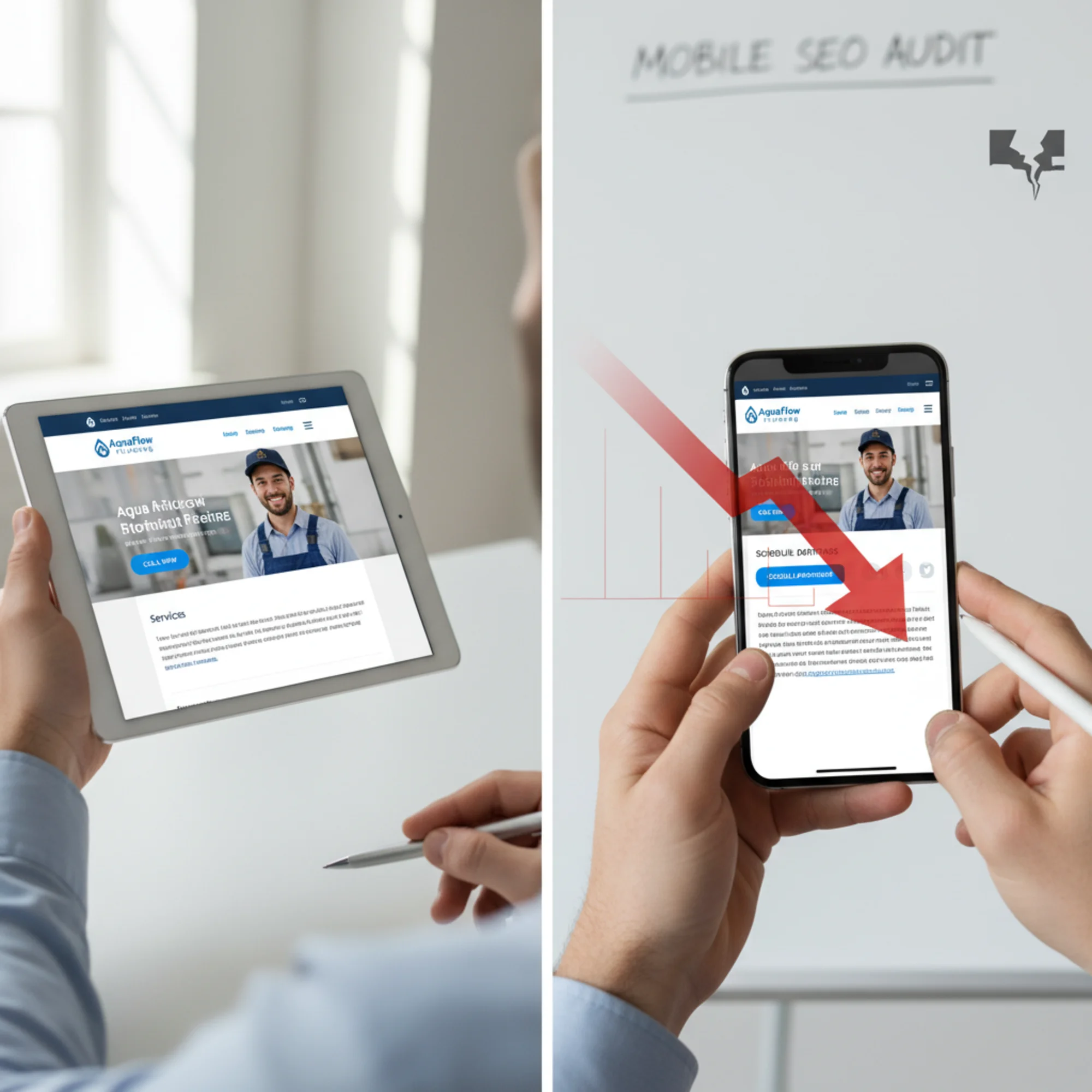 A side-by-side comparison of the same local plumbing company website on desktop (clean layout, visible call-to-action) versus mobile (overlapping buttons, tiny unreadable text, broken hamburger menu) with a red downward ranking arrow overlaid on the mobile side