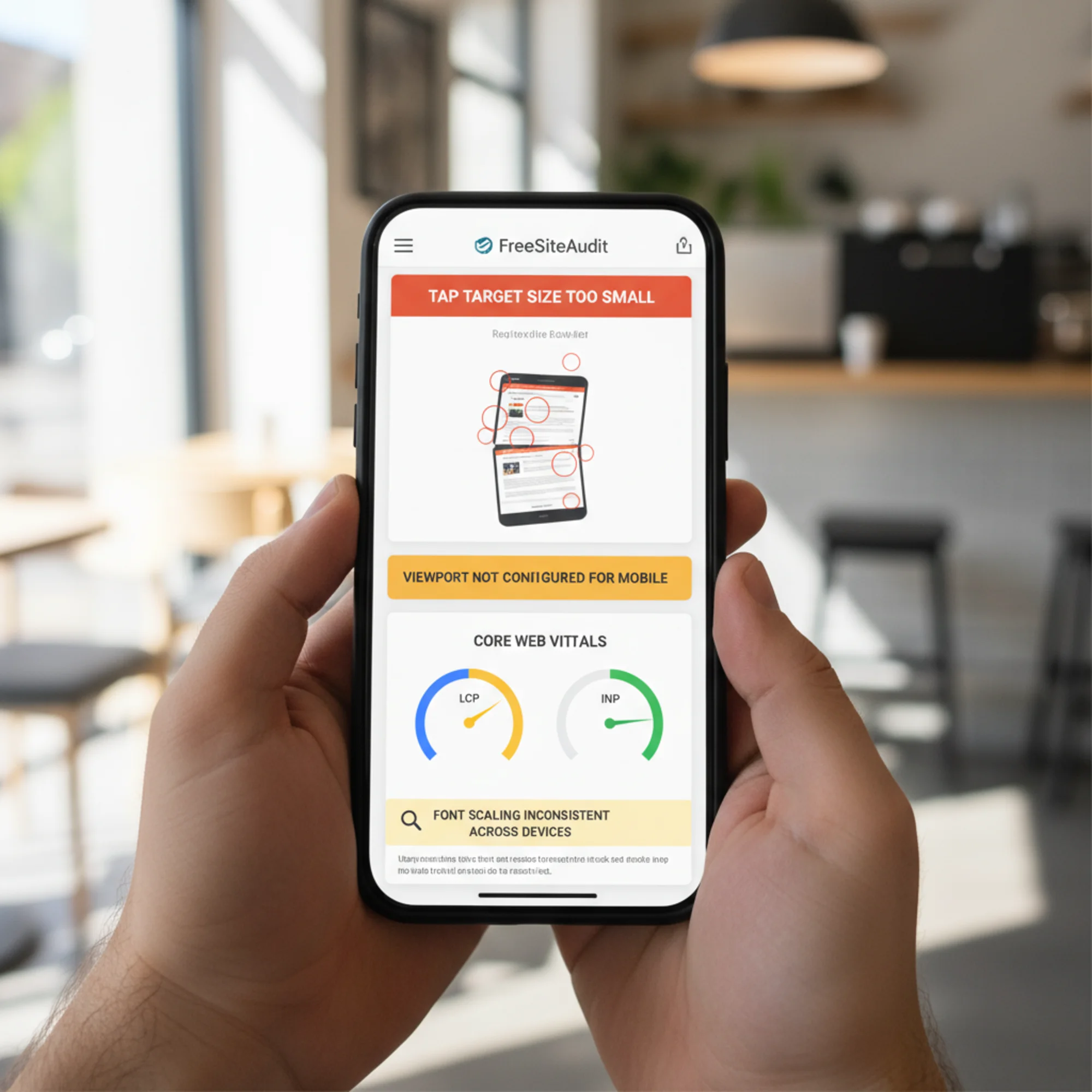 A FreeSiteAudit mobile audit report on a phone screen showing flagged mobile usability issues — tap target size warnings in red, viewport misconfiguration in orange, Core Web Vitals gauges for LCP and INP, and a font-scaling note in yellow
