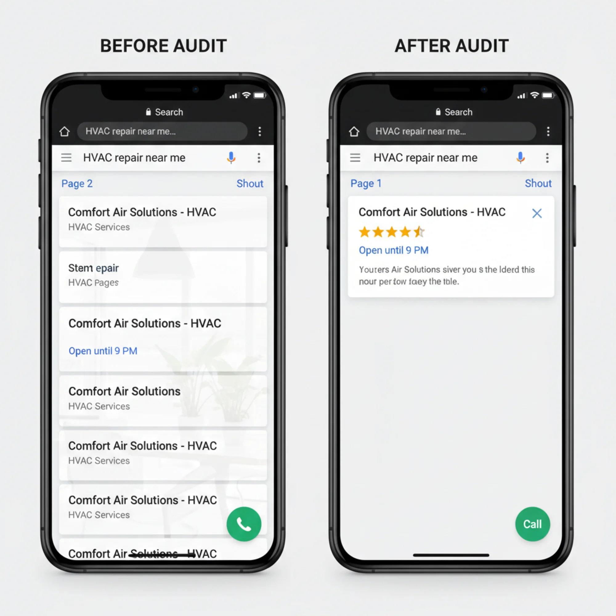 A before-and-after split of a local HVAC company's Google search results on a phone — left side buried on page two with a plain blue link, right side ranking in the top three with a rich result showing star ratings, business hours, and a tap-to-call button