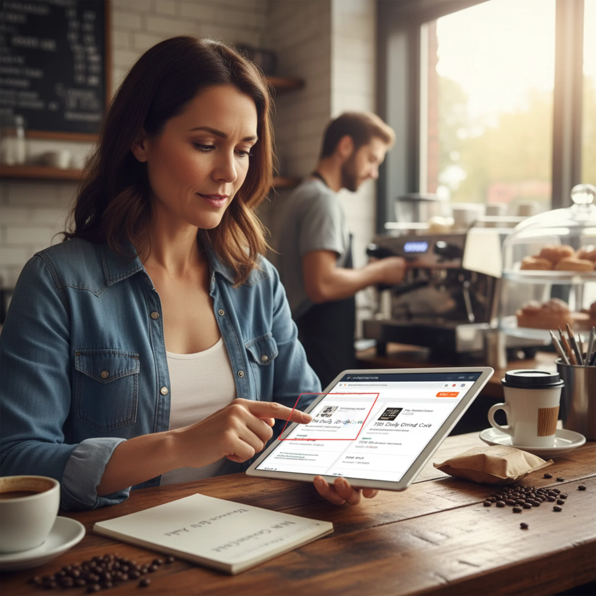 A local business owner comparing two different versions of their shop's address on a Google Business Profile listing and a Yelp page side by side on a tablet, with subtle red highlights on the mismatched details