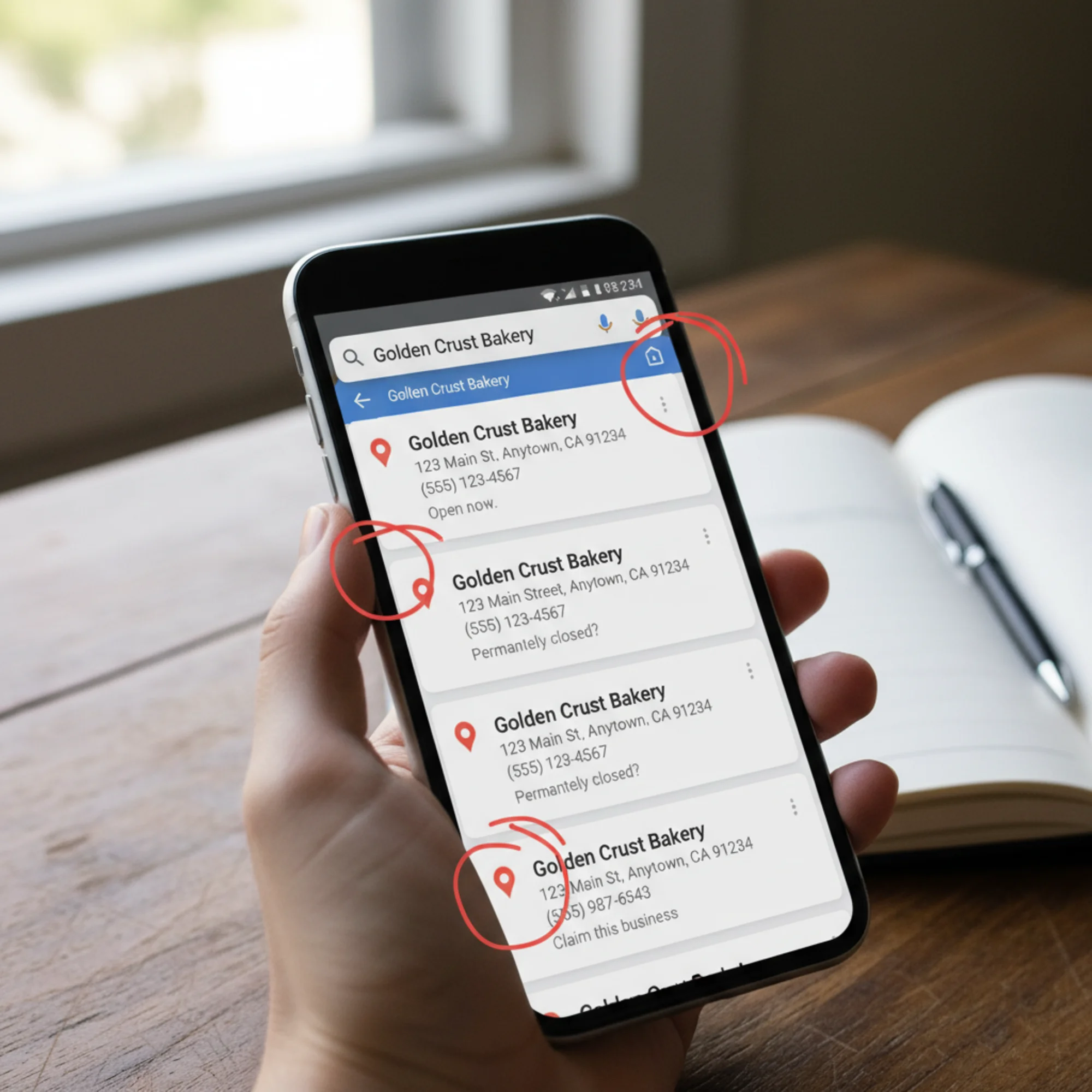 A Google Maps search results page showing three similar but slightly different business listings for the same bakery — one says "St." another says "Street" and the third has an old phone number — illustrating duplicate and conflicting NAP data