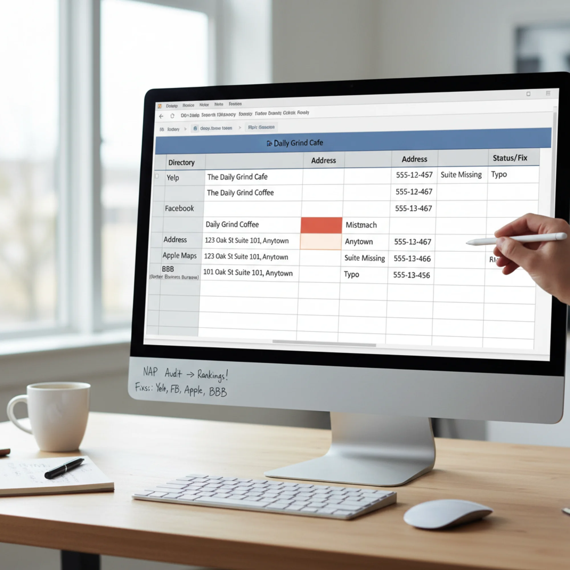 A spreadsheet audit in progress with columns for directory name, listed business name, address, and phone number, with color-coded cells flagging inconsistencies across Yelp, Facebook, Apple Maps, and the Better Business Bureau
