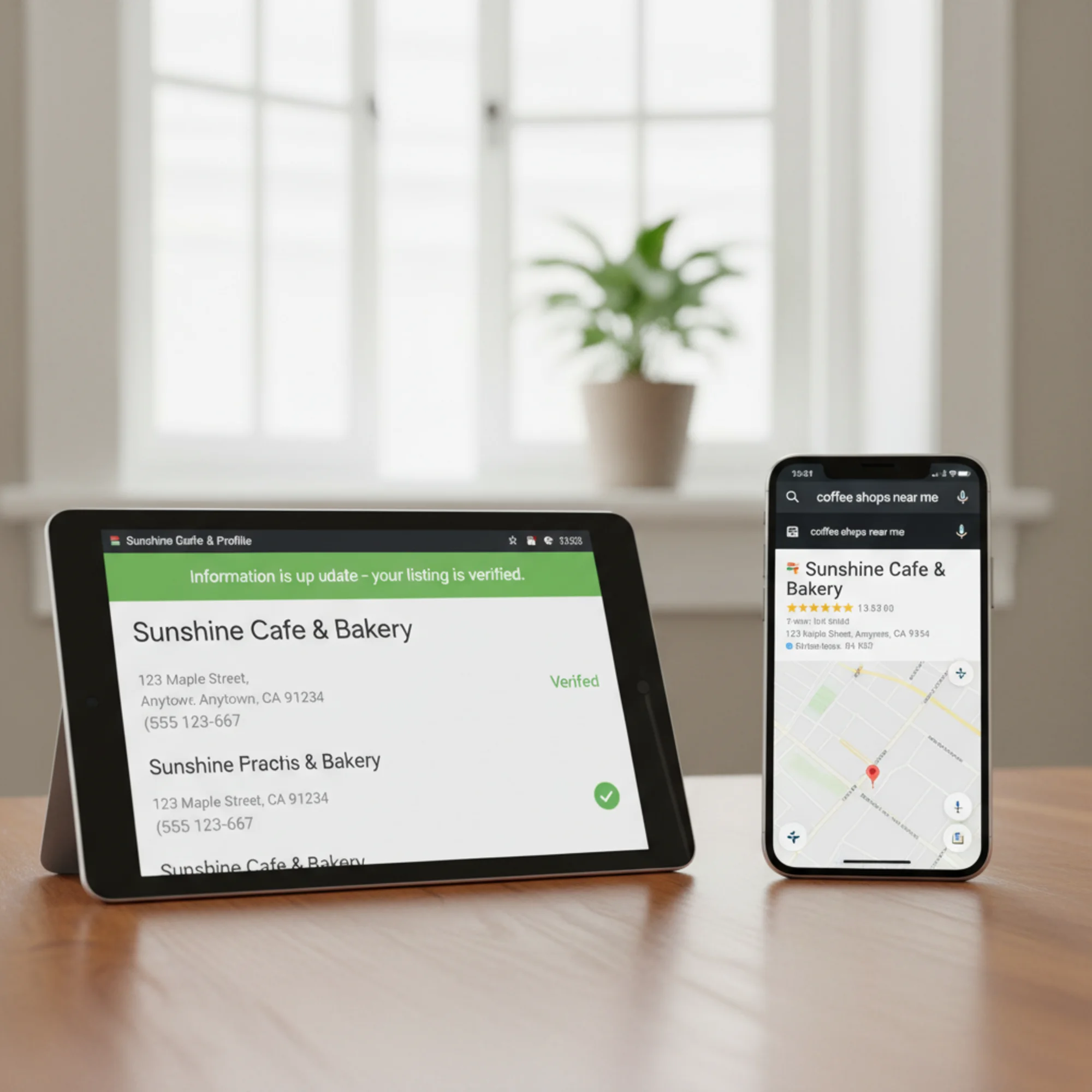 A Google Business Profile showing a verified, consistent listing with a green "information is up to date" status, next to a phone screen displaying the business appearing in the local 3-pack search results
