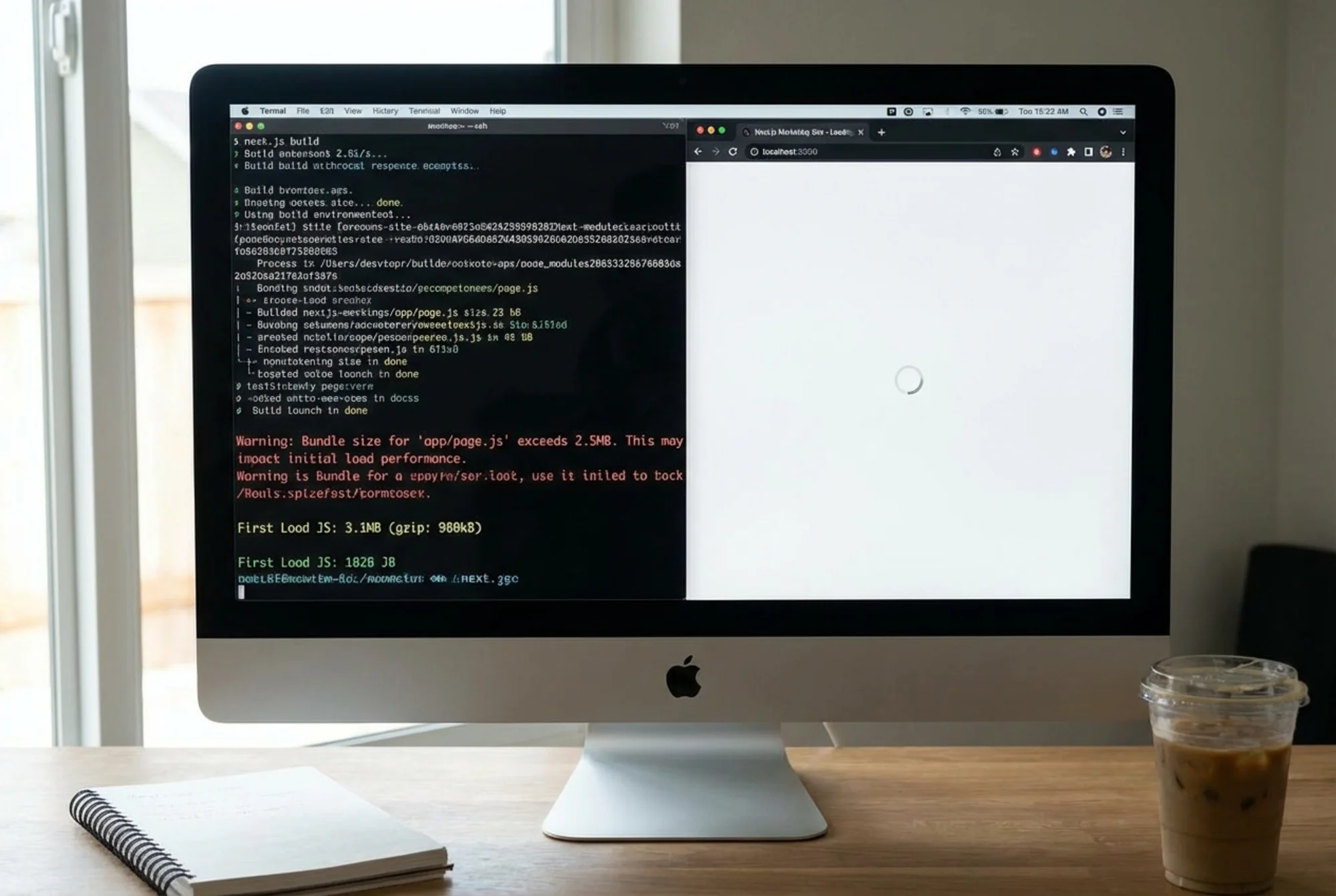 A developer's terminal showing a Next.js build output with a bloated JavaScript bundle size warning, next to a browser tab stuck on a white screen with a spinning loader — the site has not rendered any visible content yet