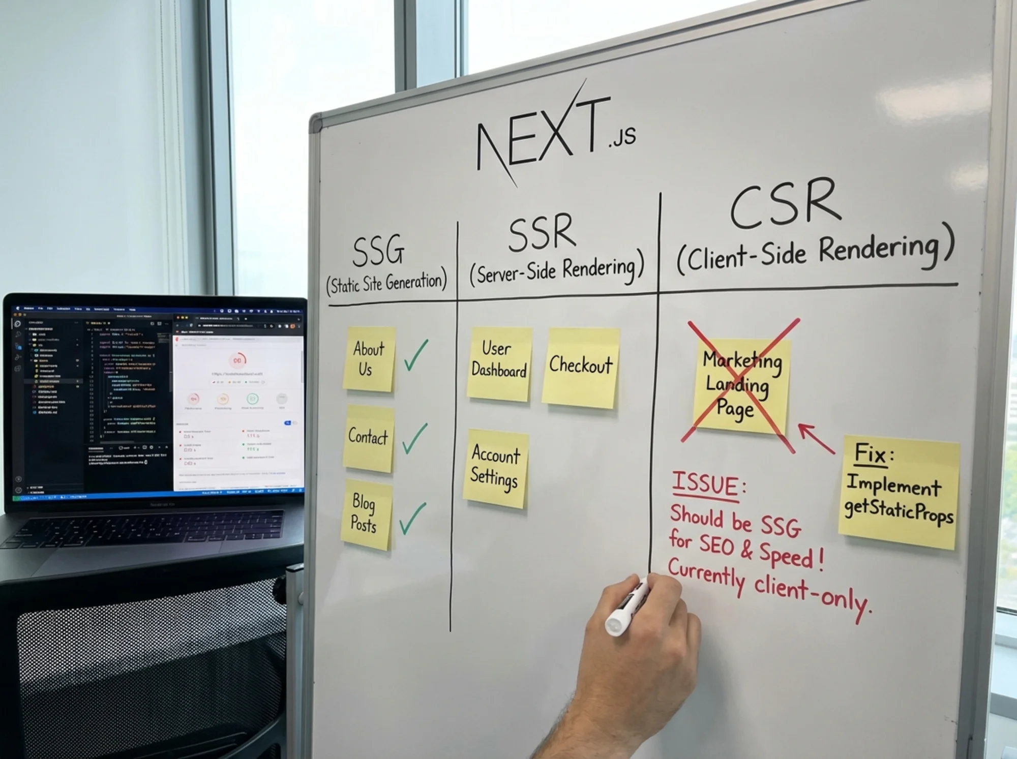 A side-by-side diagram on a whiteboard showing three Next.js rendering paths labeled SSG, SSR, and CSR, with sticky notes indicating which pages use which mode and a red X marking the marketing landing page incorrectly set to client-only rendering