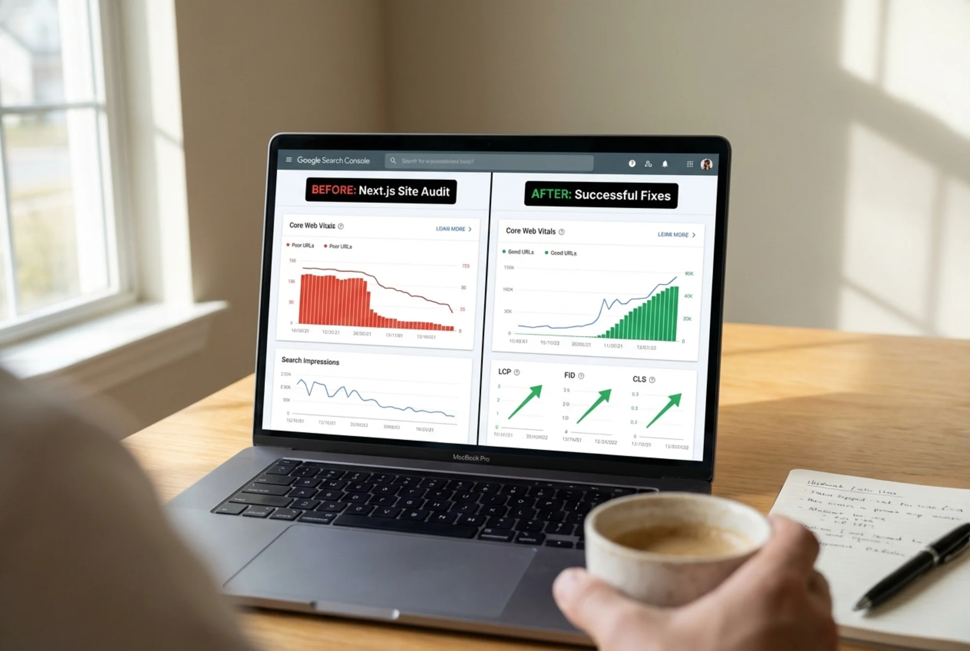 A Google Search Console Core Web Vitals dashboard on a laptop screen showing a before/after comparison — red "Poor" URLs on the left decreasing and green "Good" URLs growing after a Next.js site audit, with the search impressions chart trending upward on the right