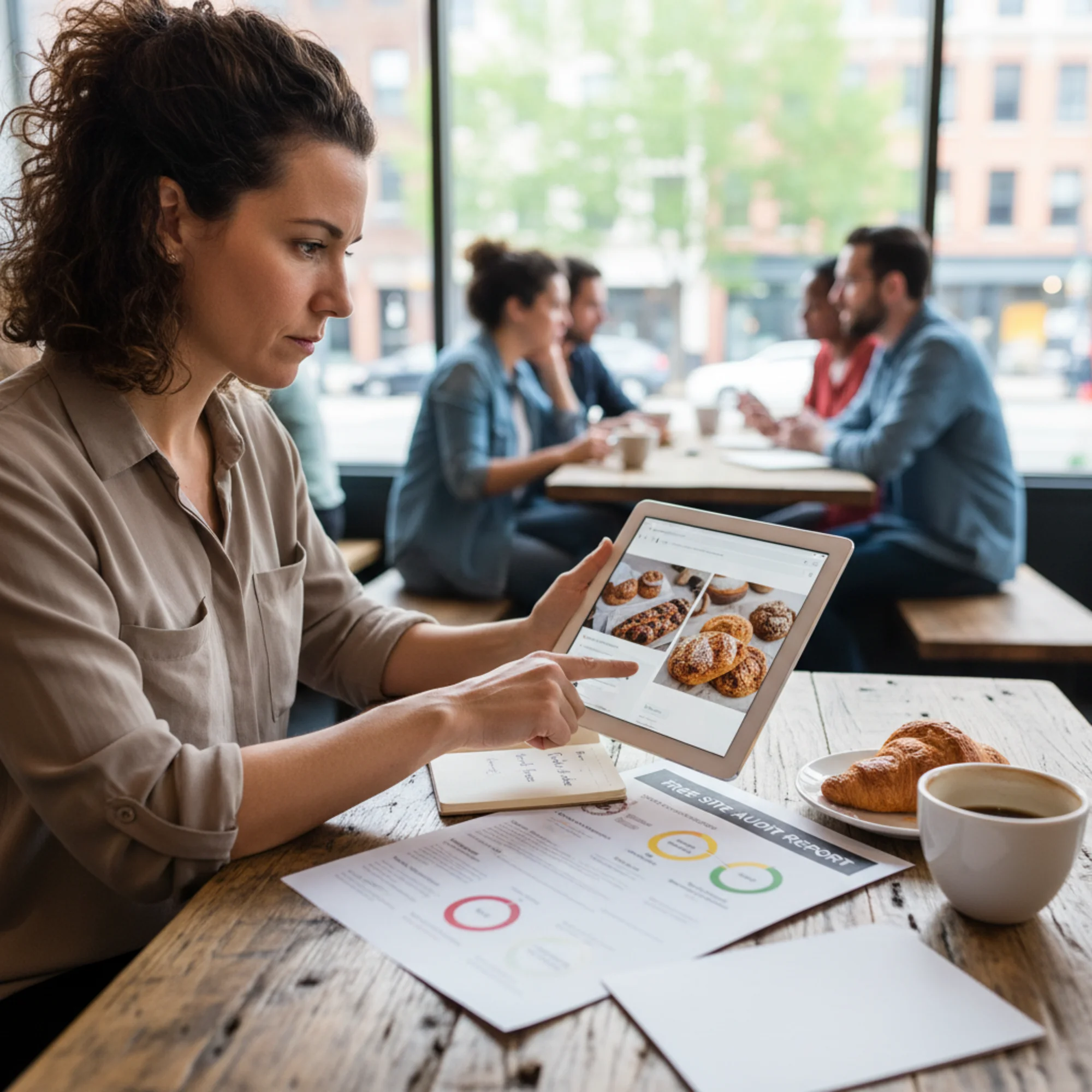 A small business owner at a coffee shop table reviewing their website on a tablet, with a printed FreeSiteAudit report beside them showing colored health scores, no code visible anywhere