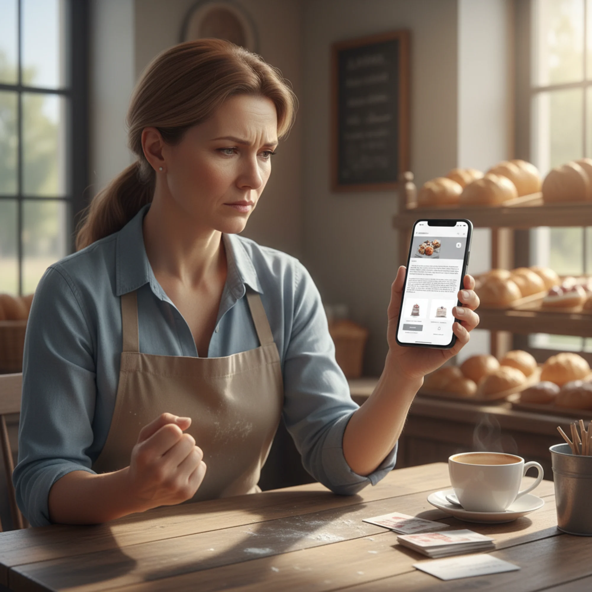 A frustrated bakery owner looking at their phone showing their own website loading a broken mobile layout with missing images and tiny unreadable text