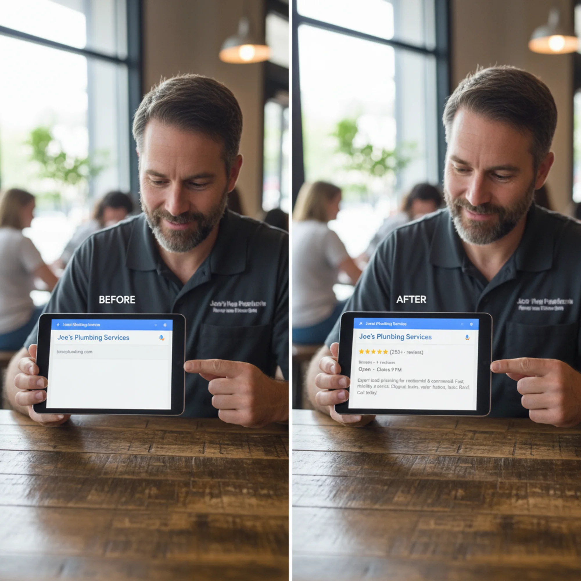 A before-and-after split of a local plumber's Google search result, the left showing a bare blue link with no description, the right showing a rich result with star rating, business hours, and a compelling meta description