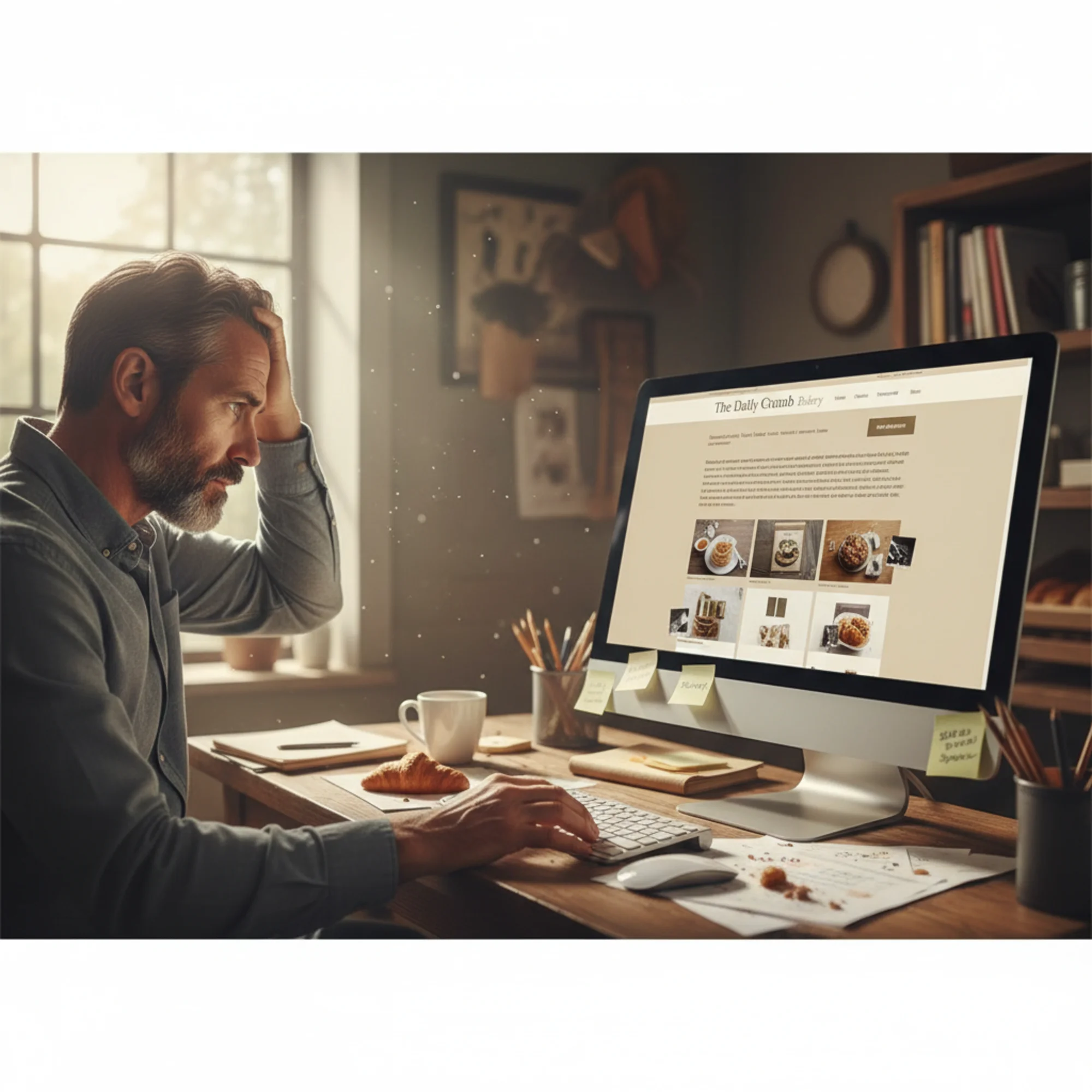 A small business owner frowning at their outdated 2018-era bakery website on a desktop monitor, showing tiny text, a non-responsive layout, broken image icons, and a "Copyright 2019" footer visible at the bottom