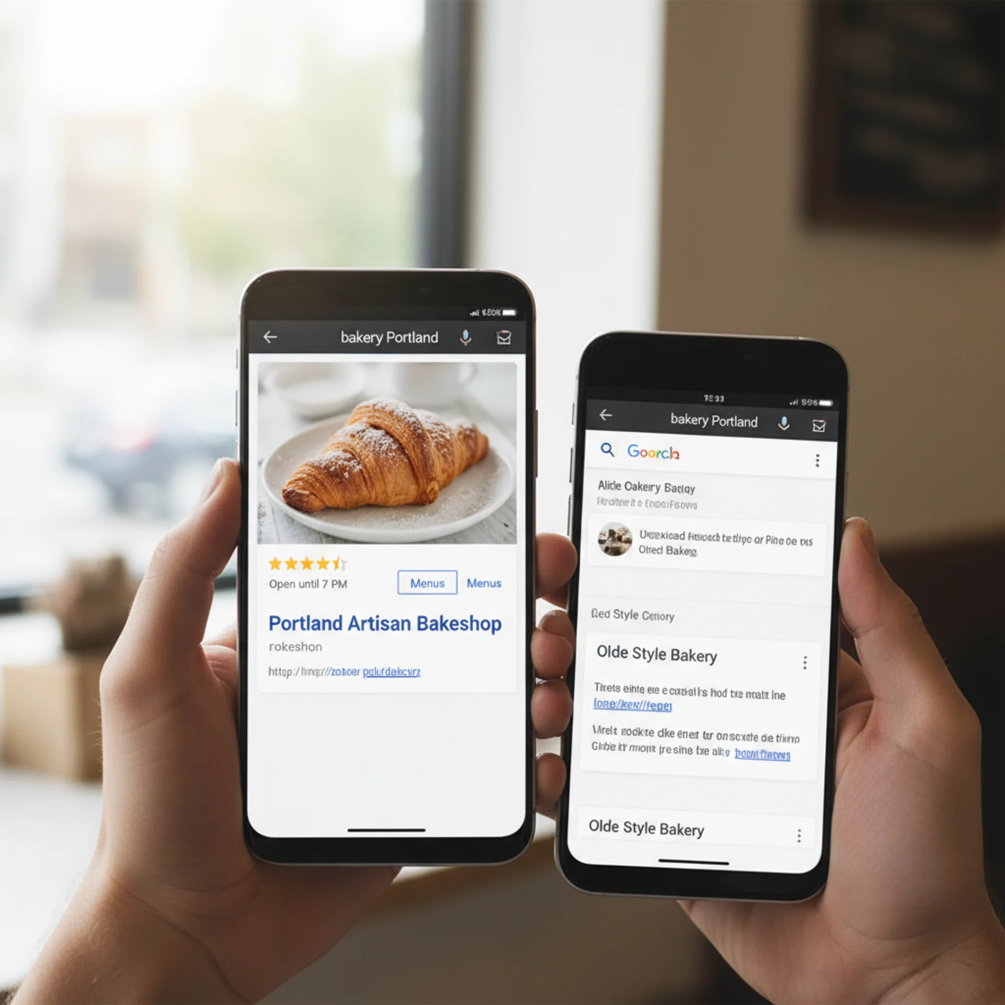 A side-by-side of Google search results for "bakery portland" showing a competitor's rich snippet with star ratings, hours, and a photo versus the old bakery website buried on page two with a plain blue link and no metadata