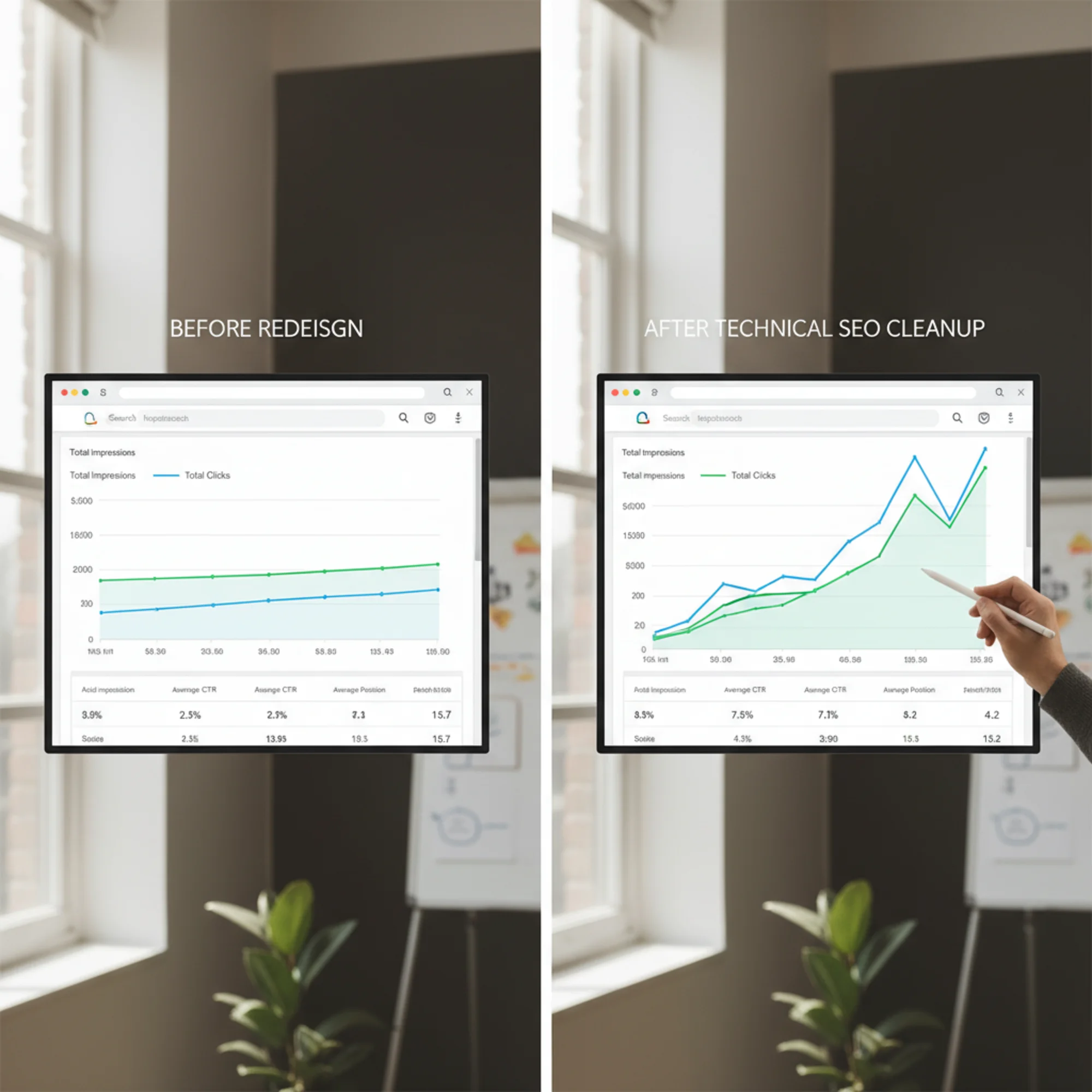 A before-and-after Google Search Console performance dashboard for a bakery website showing flat impressions and low clicks on the left transforming to a rising click curve and doubled impressions on the right after fixing audit issues