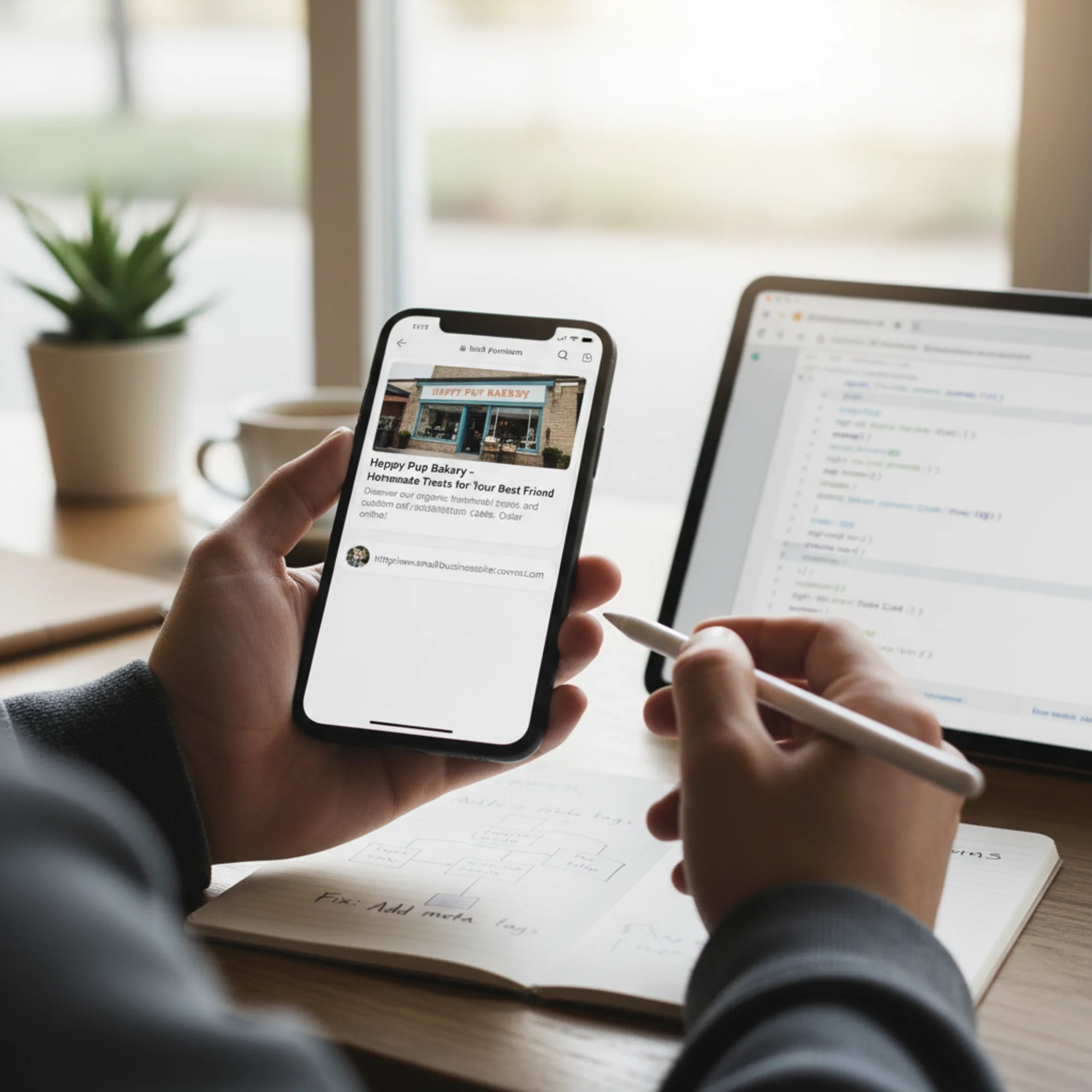 A smartphone screen showing a social media feed with one link preview displaying a rich image, title, and description next to another link showing only a bare URL with no preview, illustrating the contrast between proper and missing Open Graph tags