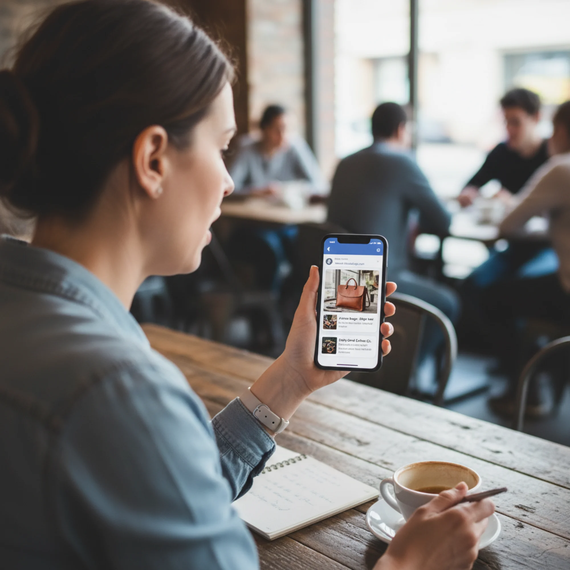 A business owner looking frustrated at their phone screen showing a shared link to their website appearing as a plain text URL with no image or description in a Facebook group chat, while competitors' links show rich visual previews